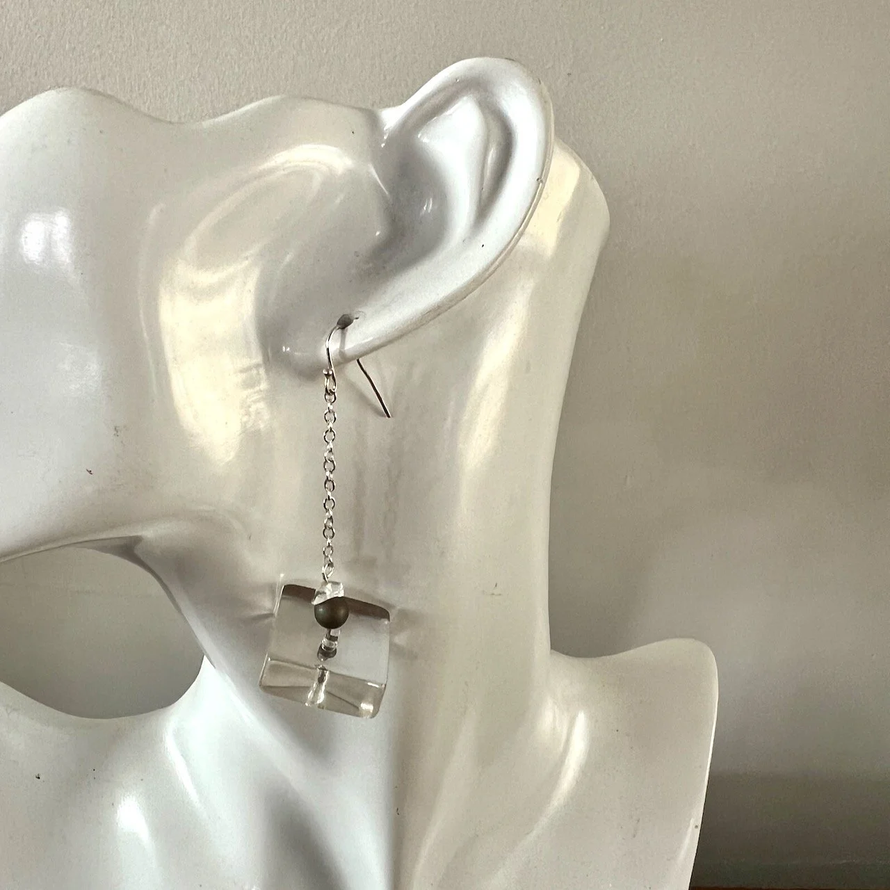 Earrings with mod beads on silver tone chain