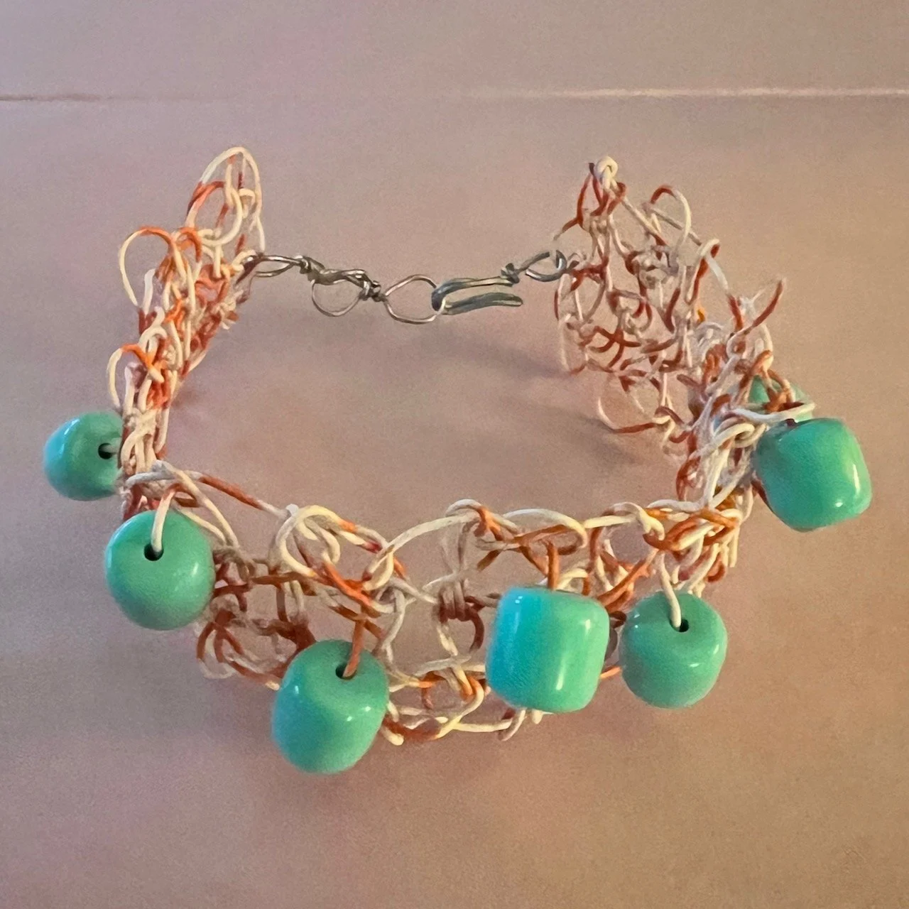 Crochet telephone wire bracelet with turquoise beads