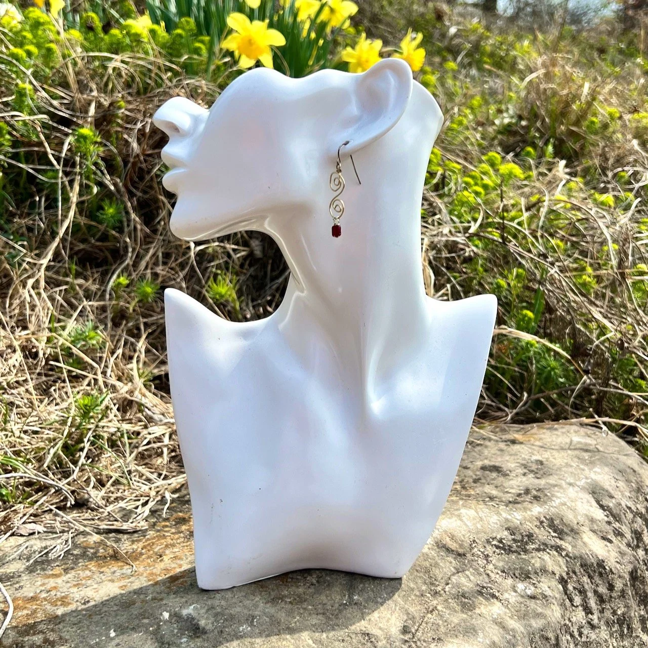 Handmade gold tone spiral earrings with red beads