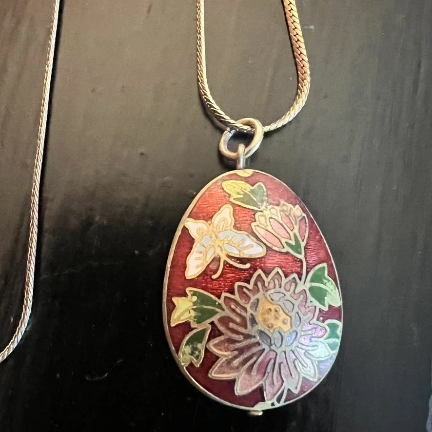 Cloisonné teardrop pendant necklace with butterfly and flowers