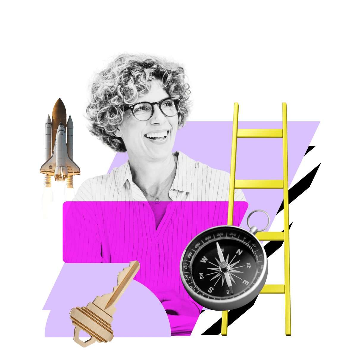 A bright collage of images featuring a woman with curly hair and glasses smiling, a spaceship, a yellow ladder, a compass, and a wooden whistle on a black background with colourful geometric shapes.