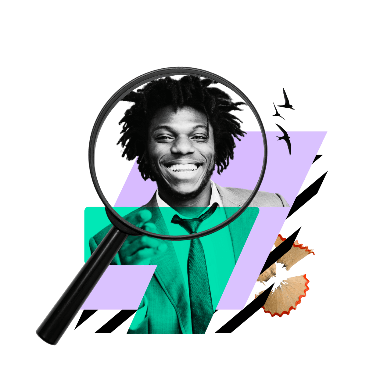 Black and white photo of a smiling man in a suite with curly hair, viewed through a magnifying glass, with colourful geometric shapes, birds, and a butterfly in the background.