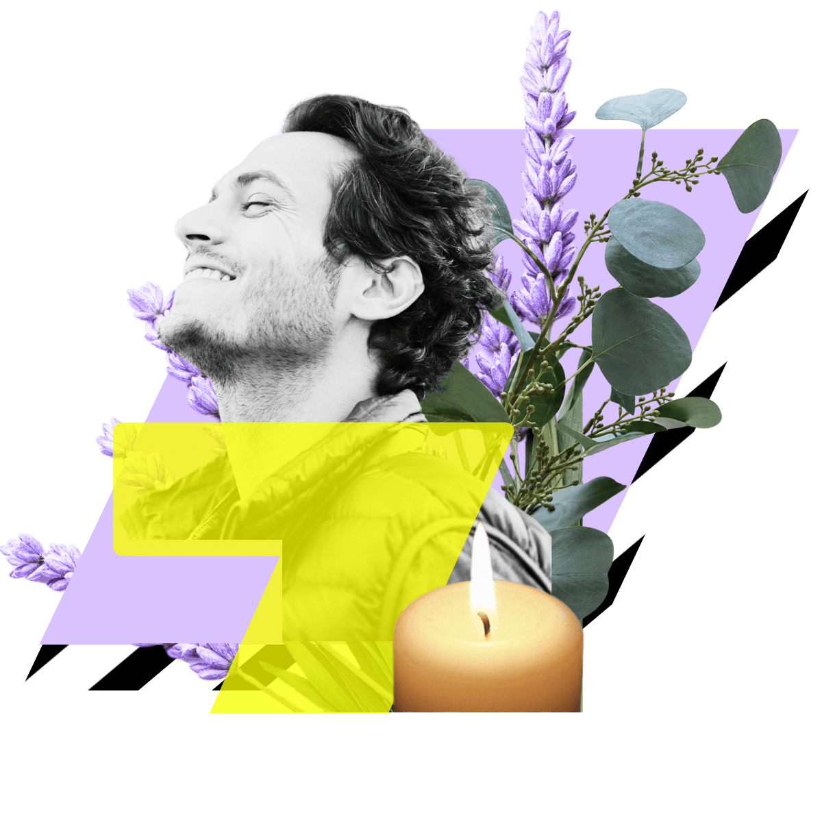 A collage including a black and white portrait of a smiling man with closed eyes, surrounded by purple flowers, green leaves, a yellow candle, and geometric yellow and purple shapes in the background.