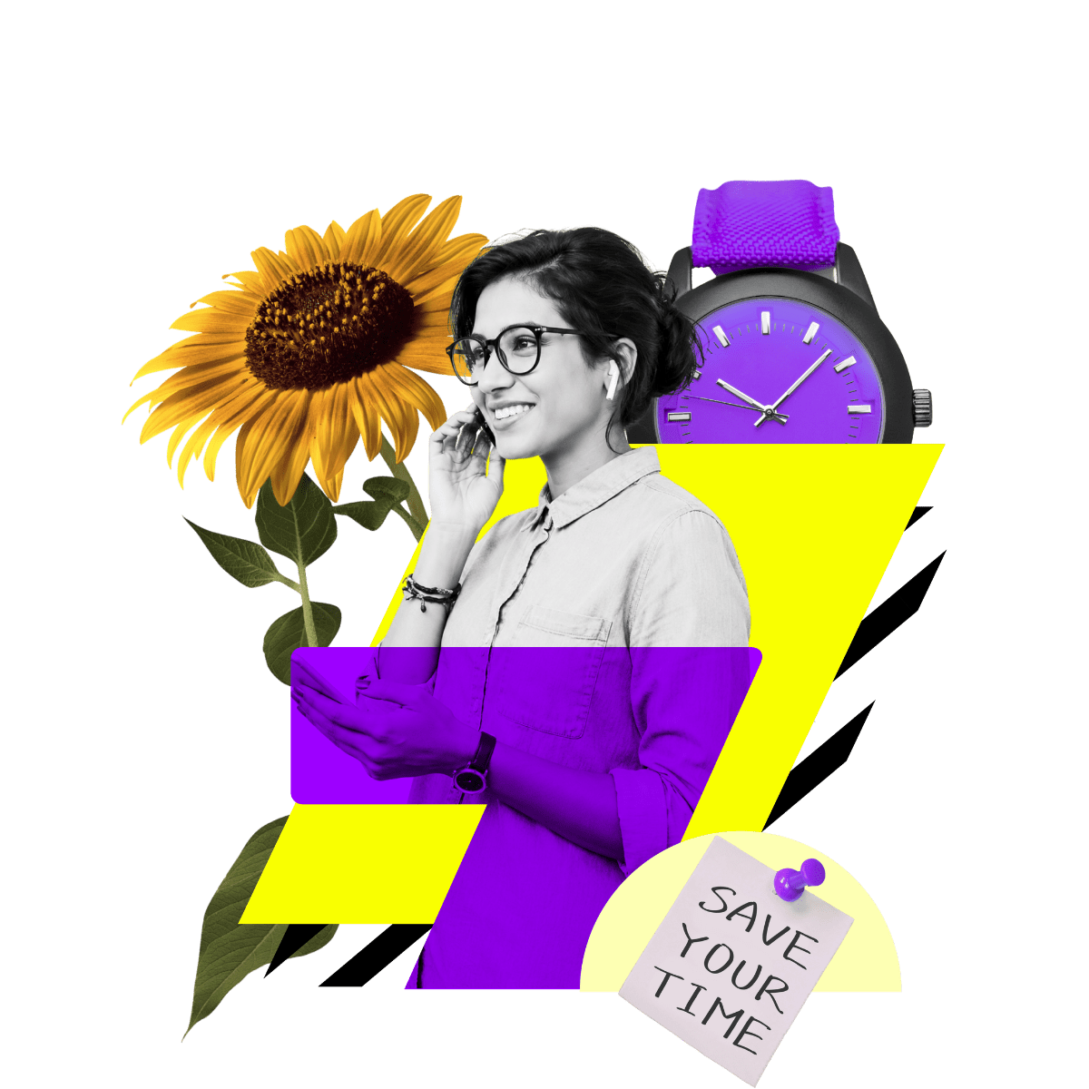 A bright collage with a smiling woman wearing glasses, a sunflower, a purple watch and a yellow geometric shape.