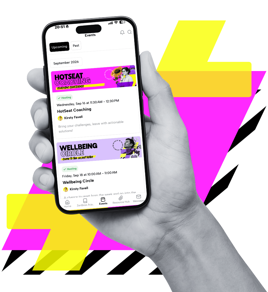 A grayscale hand holds a smartphone displaying a colourful event app with upcoming wellness and coaching sessions for managers, set against a vibrant background of pink, yellow, and black geometric shapes.