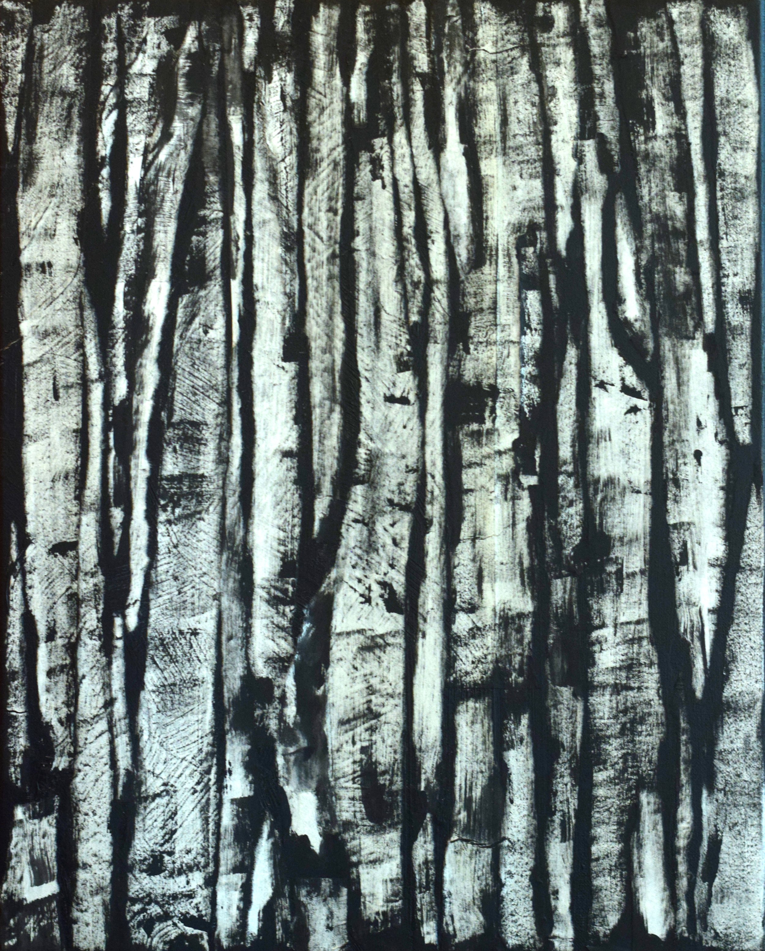 Birch Forms, 2023. 20" x 16", acrylic and rice paper on canvas.