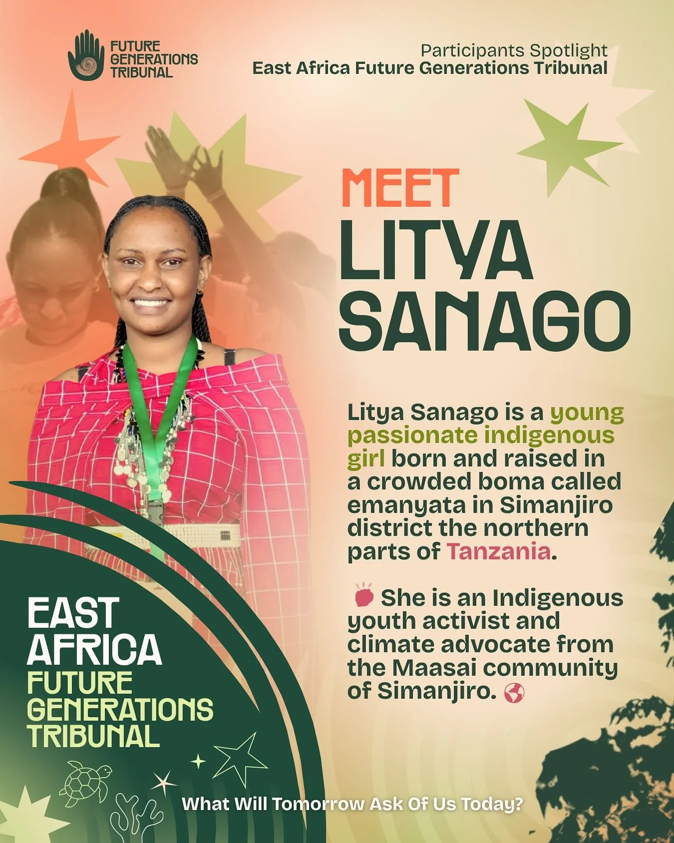 Meet Litya Sanago @enesanago an indigenous youth activist and climate advocate from the Maasai community of Simanjiro. ✊🏿🌍

Litya will be joining us this October for the East African Future Generations Tribunal (EA FGT) in Mombasa, Kenya. Every tes