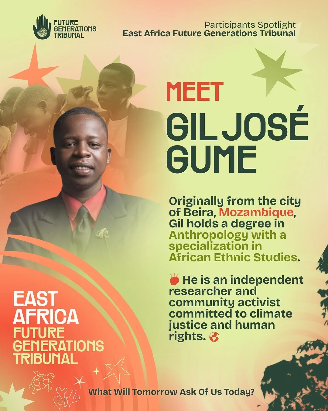 Meet Gil Jos&eacute; Gume @giljosegume an independent researcher and community activist committed to climate justice and human rights. ⚖🌍

Gil will be joining us this October for the East African Future Generations Tribunal (EA FGT) in Mombasa, Keny