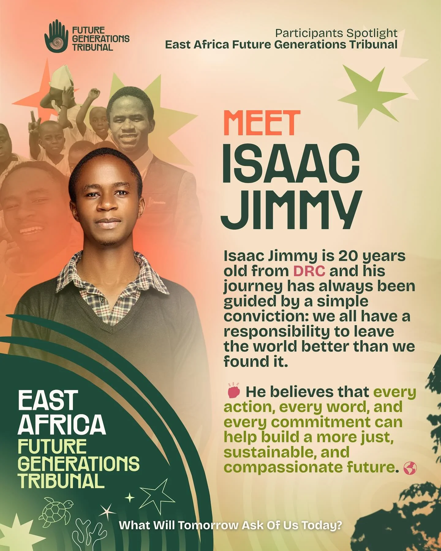 Meet Isaac Jimmy @isaac__jimmy an indigenous youth activist and climate advocate from the DRC. ✊🏿🌍

Jimmy will be joining us next week for the East African Future Generations Tribunal (EA FGT) in Mombasa, Kenya. Every testimony shared at the East A