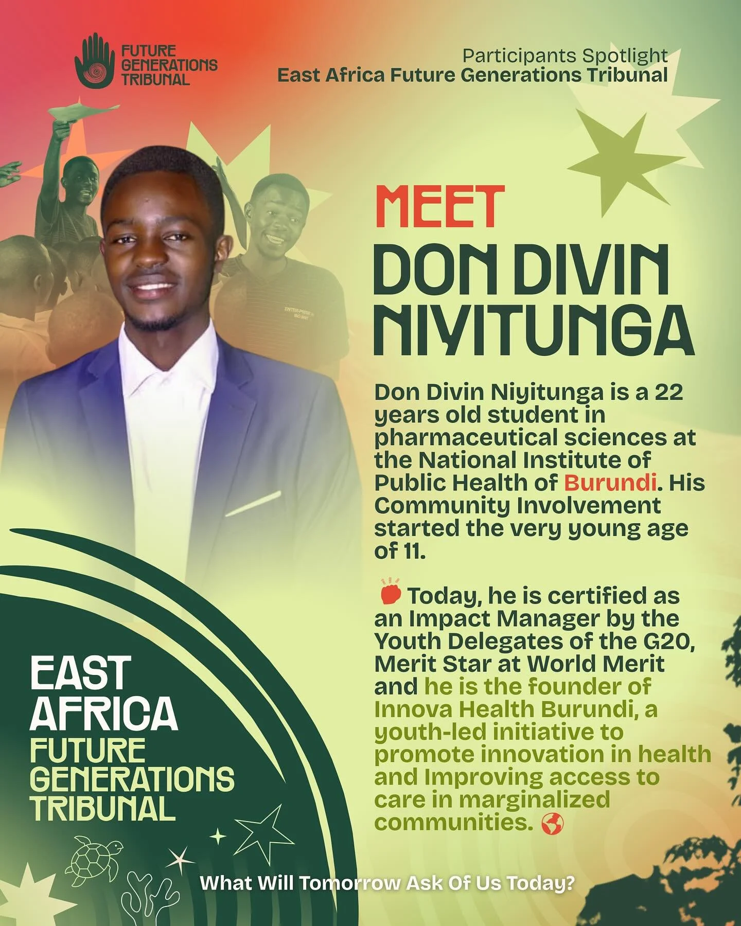 Meet Don Divin Niyitunga, a student in pharmaceutical sciences at the National Institute of Public Health. ⚗️🌍

Don Divin is joining us for the East African Future Generations Tribunal (EA FGT) in Mombasa, Kenya. Every testimony shared at the East A