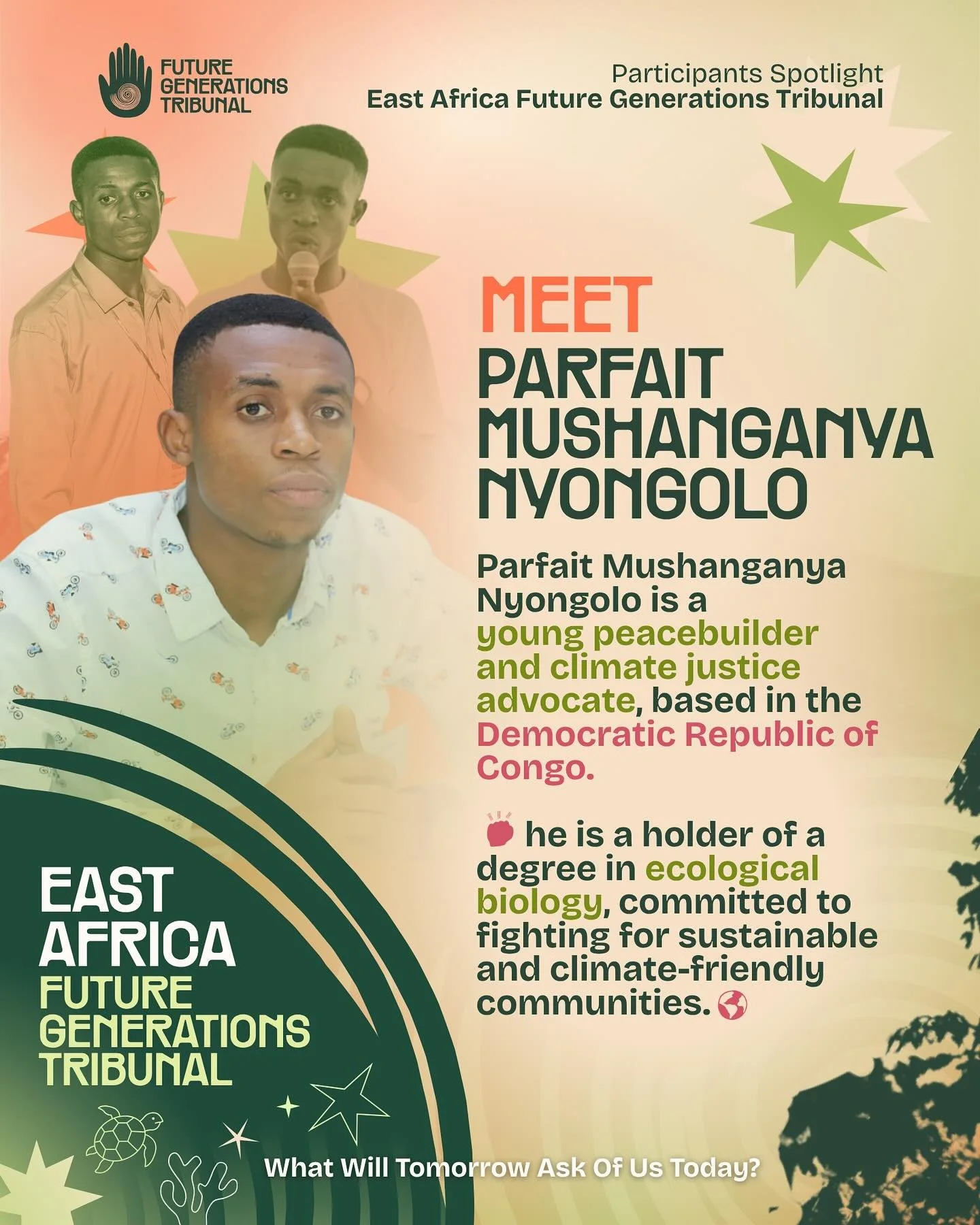 Meet Parfait Mushanganya Nyongolo @parfait_mush a
young peacebuilder and climate justice advocate, based in the Democratic Republic of Congo. ⚖️🌍

Parfait is joining us this week for the East African Future Generations Tribunal (EA FGT) in Mombasa, 