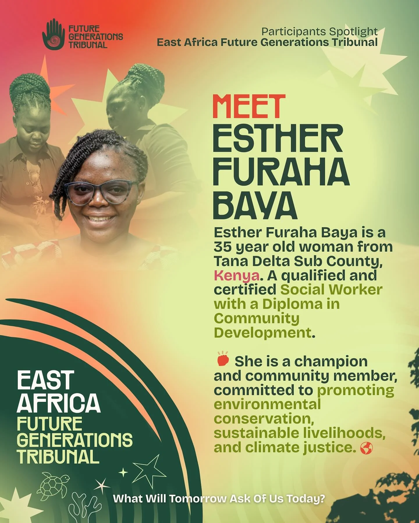 Meet Esther Furaha Baya, a community development and social worker from Tana Delta Sub County, Kenya. 🌍🌱

Esther is joining us this week for the East African Future Generations Tribunal (EA FGT) in Mombasa, Kenya. Every testimony shared at the East