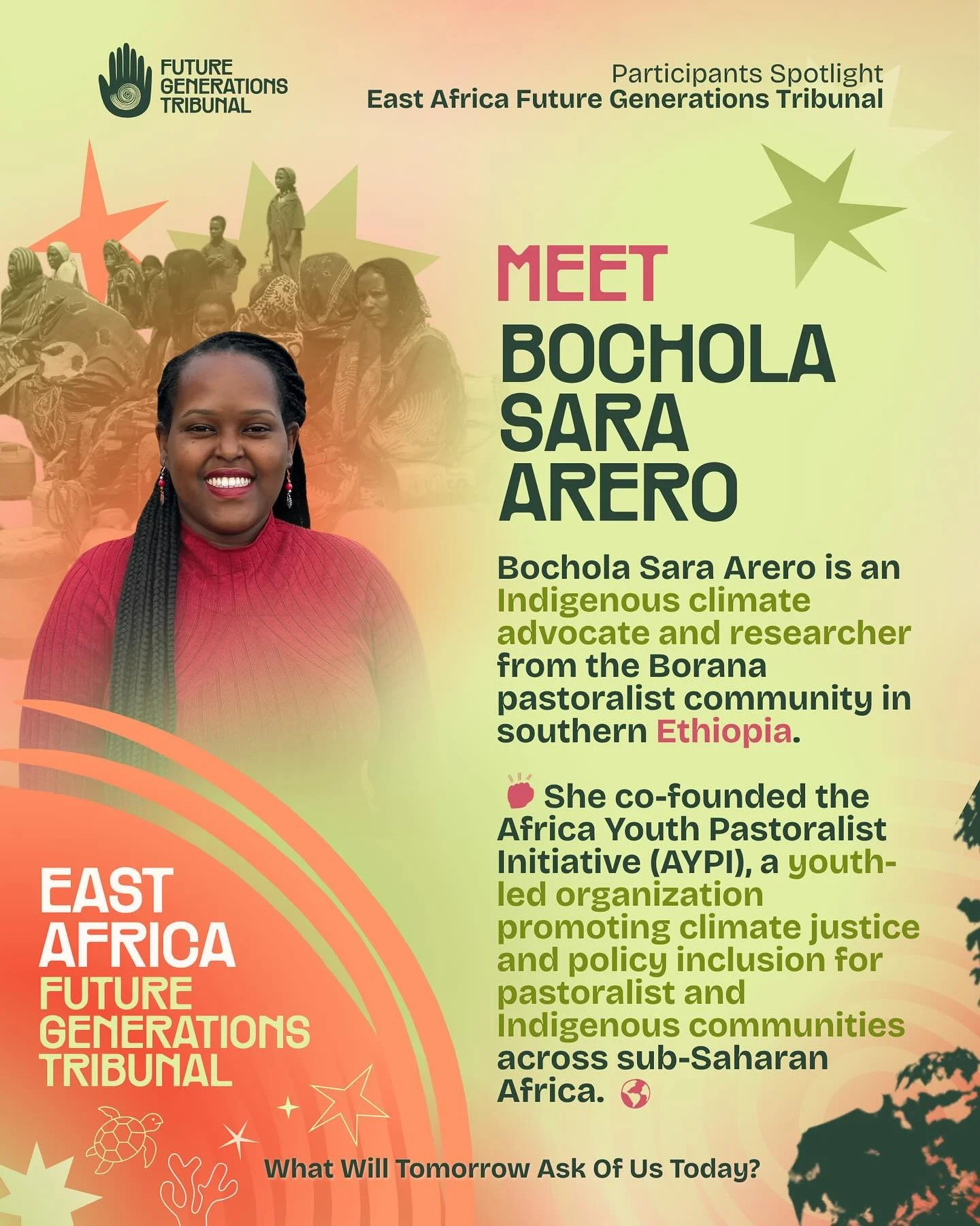Meet Bochola Sara Arero @bochola16 an indigenous climate advocate and researcher from Ethiopia. ⚖️🌍

Bochola is joining us this week for the East African Future Generations Tribunal (EA FGT) in Mombasa, Kenya. Every testimony shared at the East Afri