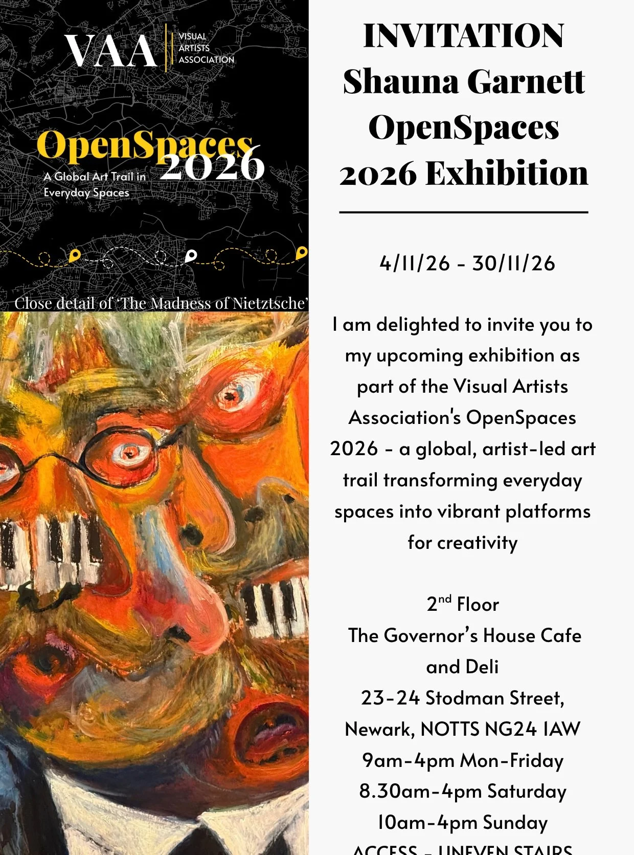 Come and see some of my work I would love to meet you and hear what you think.
2nd floor - access by stairs only
'The madness of Nietzsche' inspired by writings on slavery by Khalil Gibran. 
Friedrich Nietzsche was considered to be one of Liberty's c