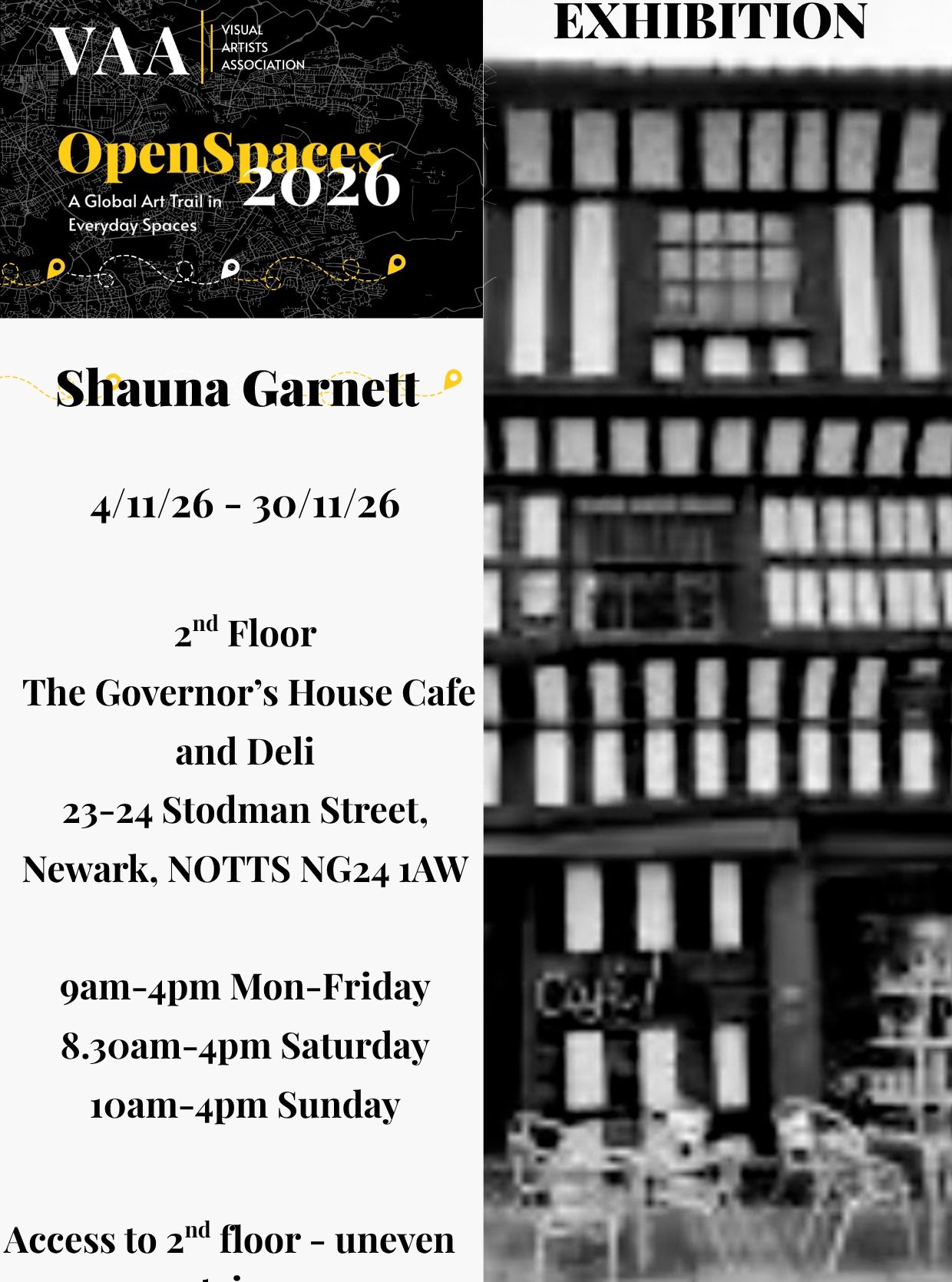 The lovely Tanith Wesson of the Governor's House Cafe and Deli is kindly letting me exhibit my art in her wonderful cafe in November as part of VAA Global Art Trail which is Open Space 2026.
You will find it on 2nd floor - access by stairs only. I pl