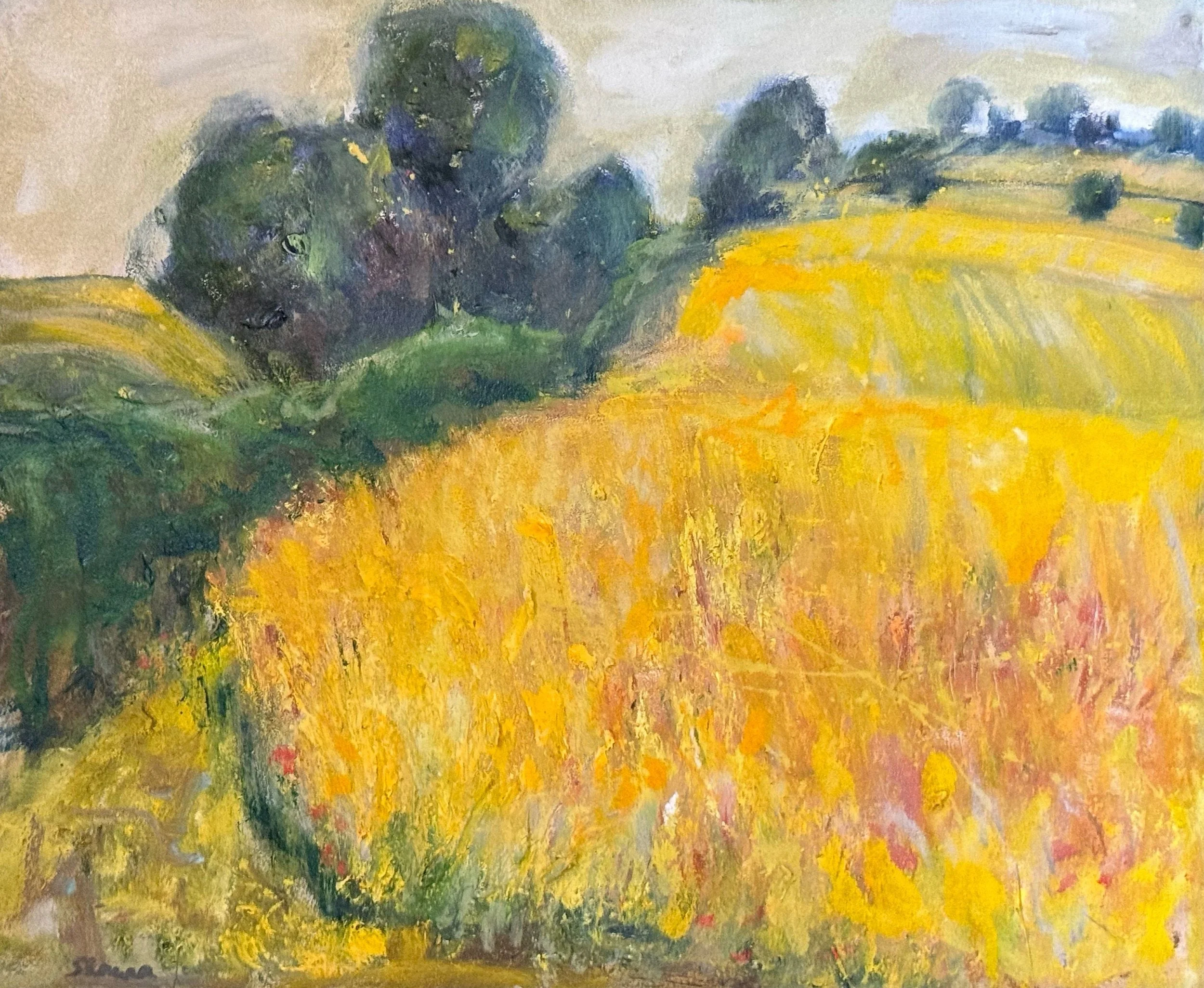 Wheatfields -oil and organic matter on board (25.5 x 30.0 cm unframed )  - 32.5v37.6 cm framed £160