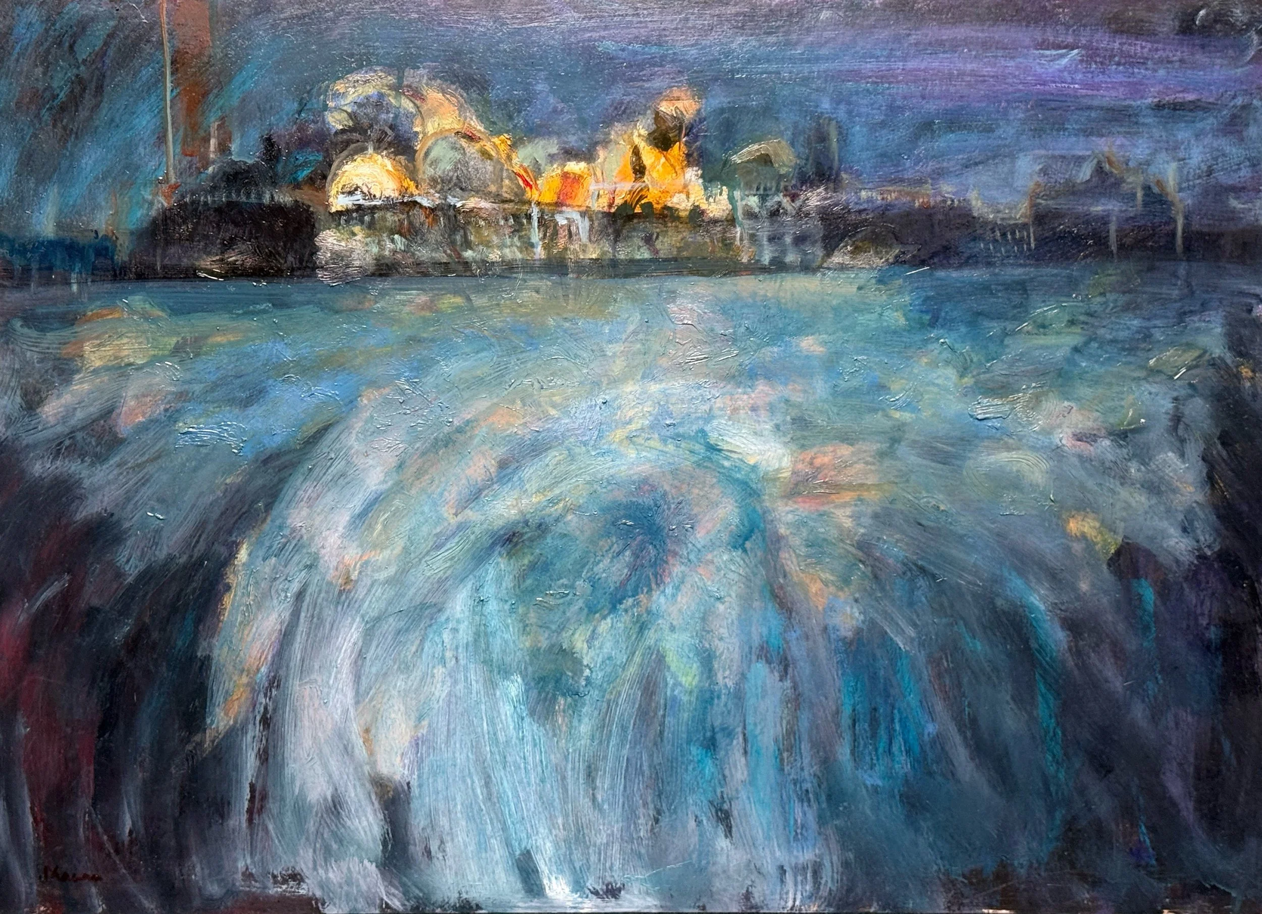 City on water - oil on card (42.0 x 59.4 cm unframed) - 60.5 x 77.5 cm framed  £350