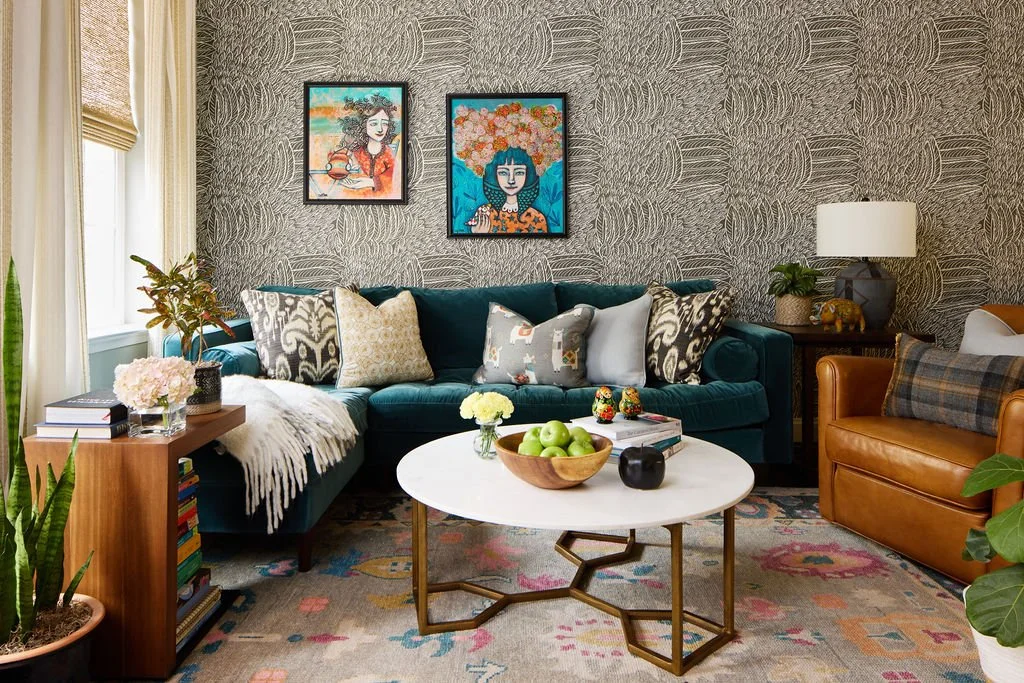 living room with a playful vibe in this Towson townhome which was designed for an active young family