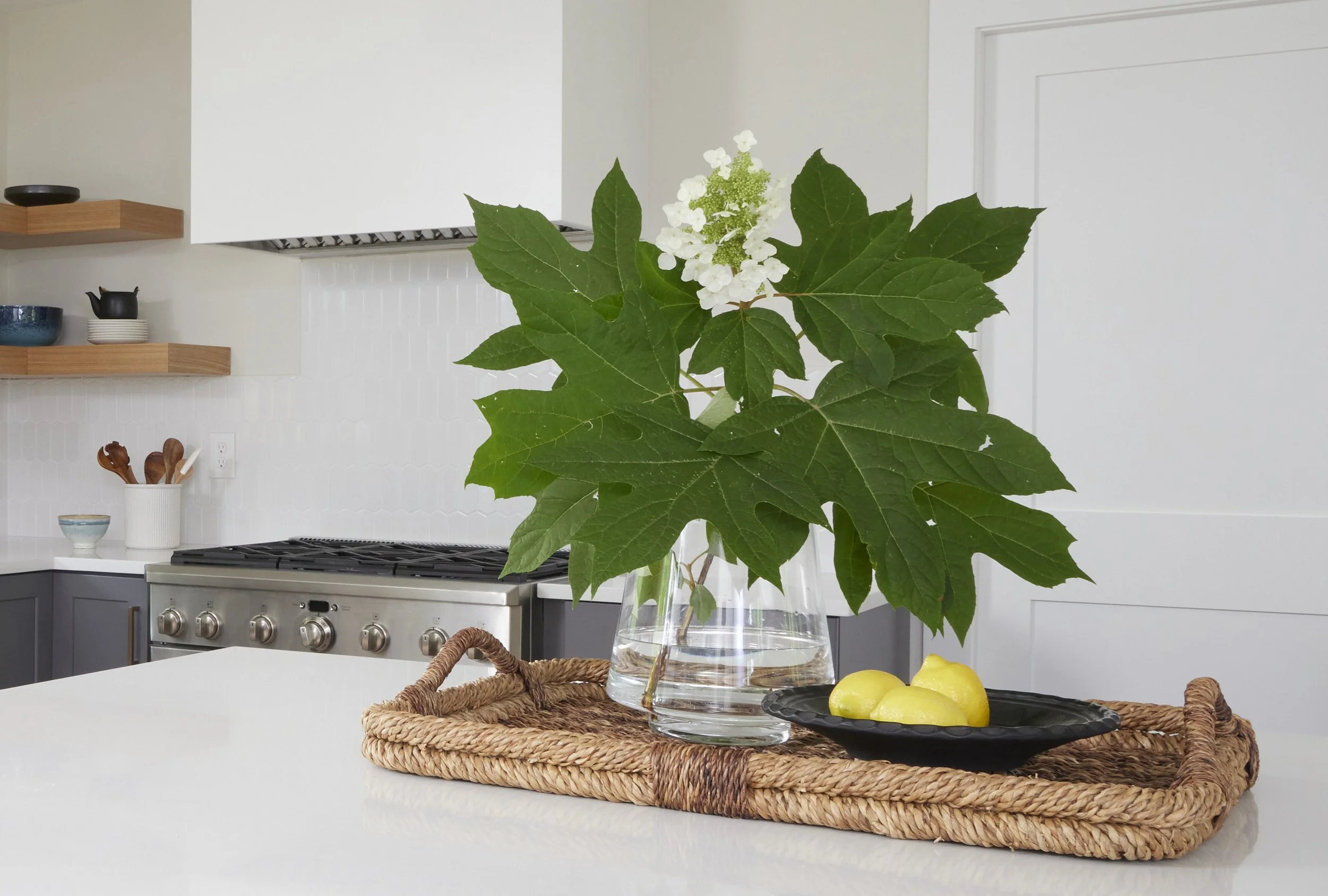 cut oak leaf hydrangea in a newly renovated kitchen