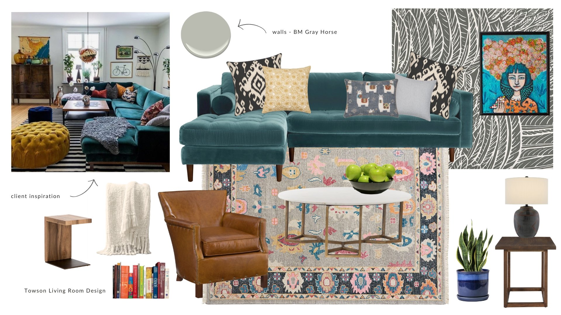 mood board featuring eclectic curation of furniture, art and colorful pillows