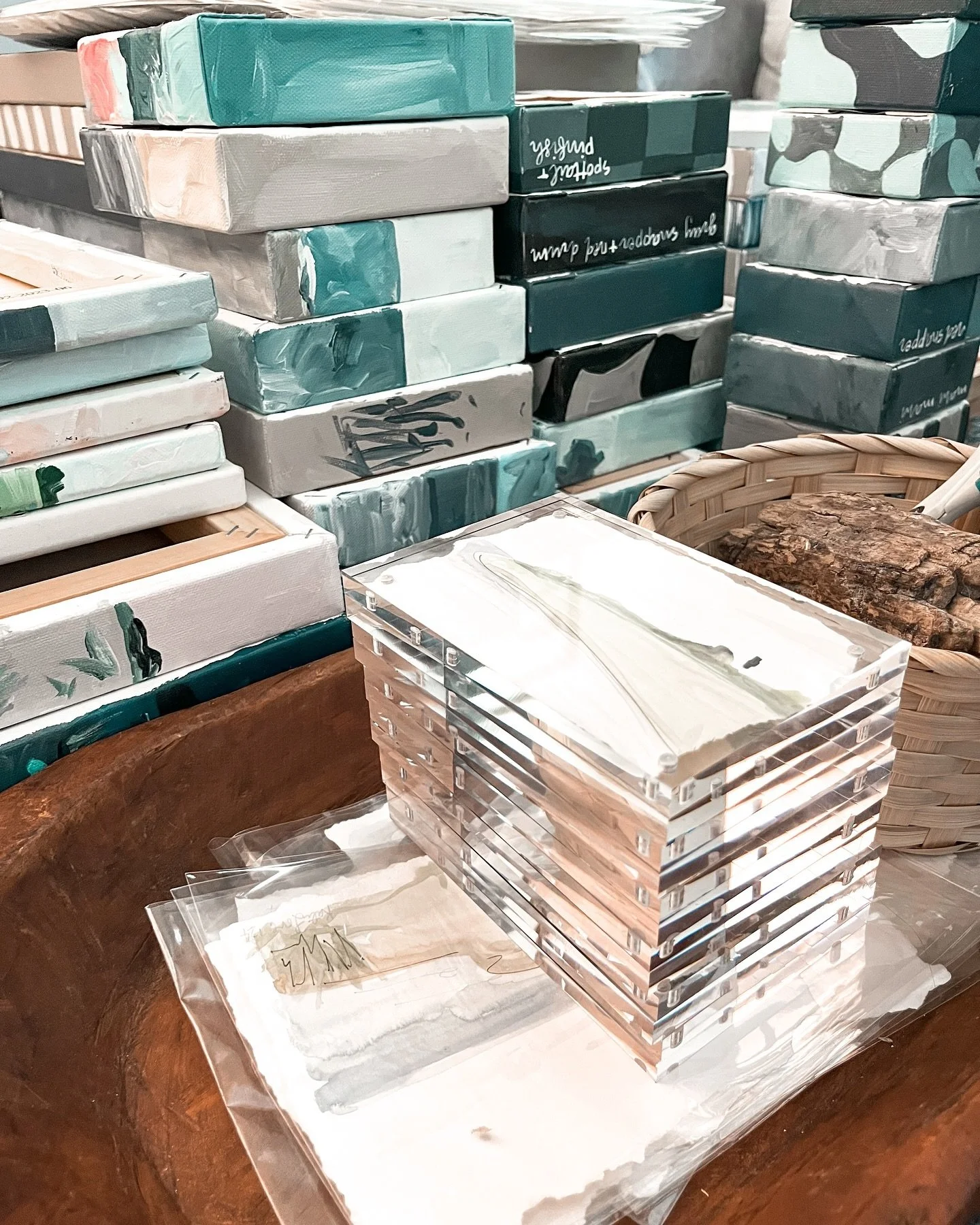 pricing &amp; packing over 100 paintings for @artonthebeachchs tomorrow 🙌🏽✨