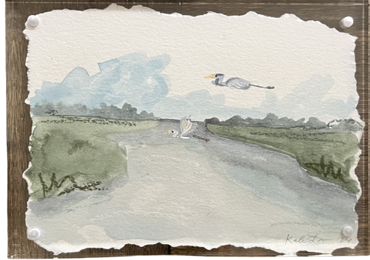 Framed Marsh & Herons Watercolor