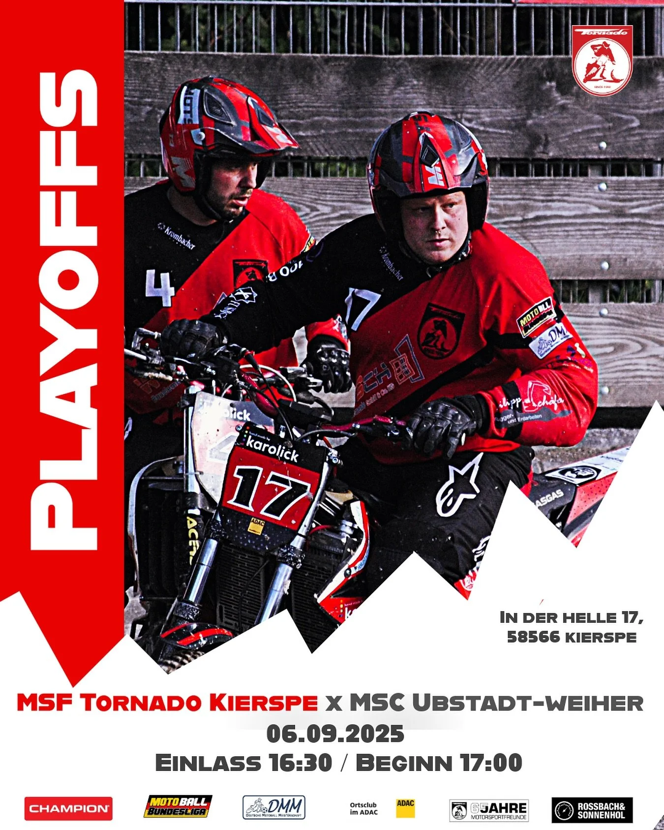 📣 Viertelfinale der Playoffs 📣

Am Samstag, 06.09.2025 empfangen wir den MSC Ubstadt-Weiher bei uns in der Motoball Arena 🏍️🔥

📅 Veranstaltungsbeginn: 16:30 Uhr
⚽ Ansto&szlig;: 17:00 Uhr

Kommt vorbei, unterst&uuml;tzt unser Team lautstark und e
