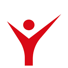 Red abstract human figure with arms raised on a white background.