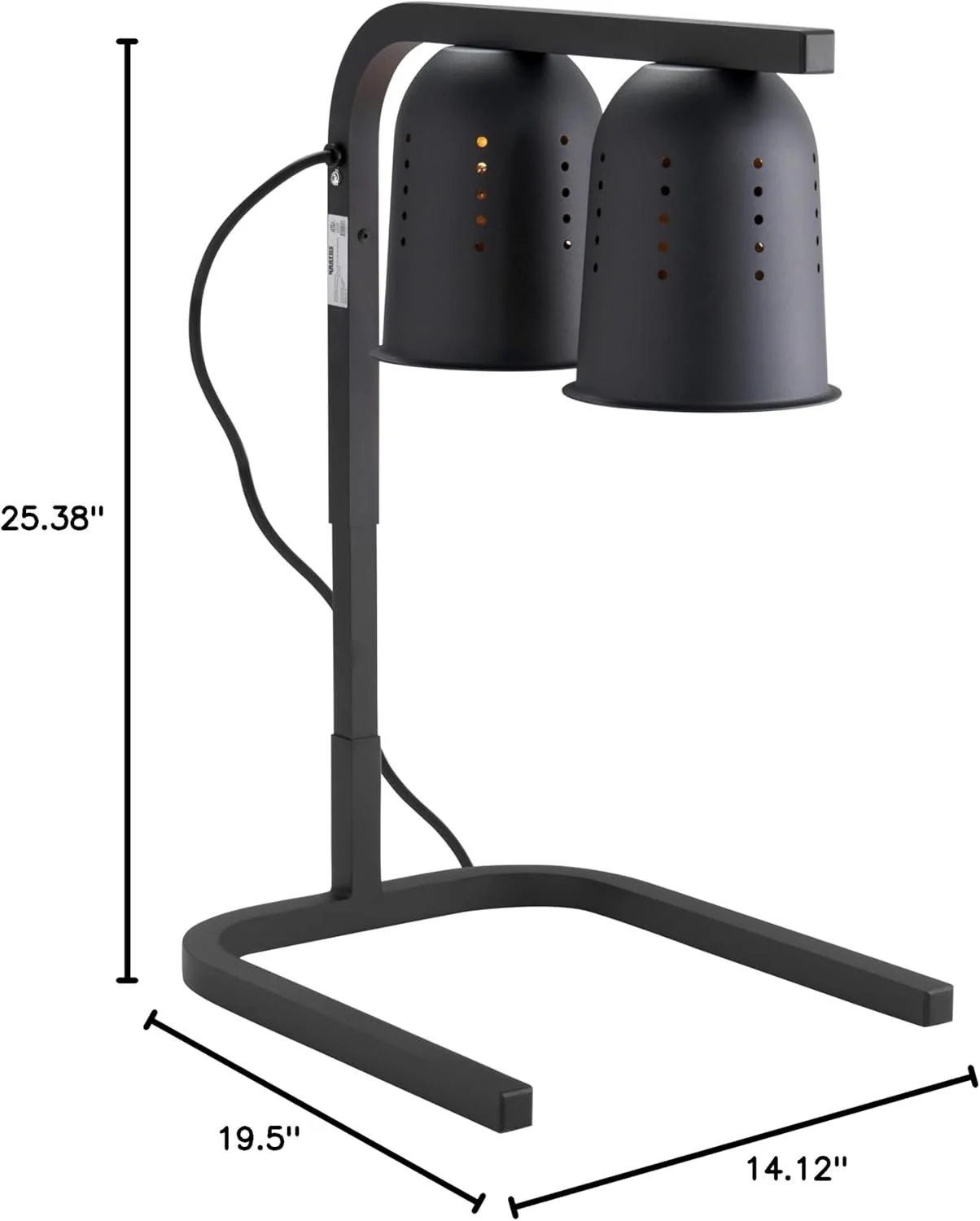 Black table lamp with two conical shades on a curved rectangular base, height measured at 25.38 inches, base dimensions 19.5 inches by 14.12 inches.