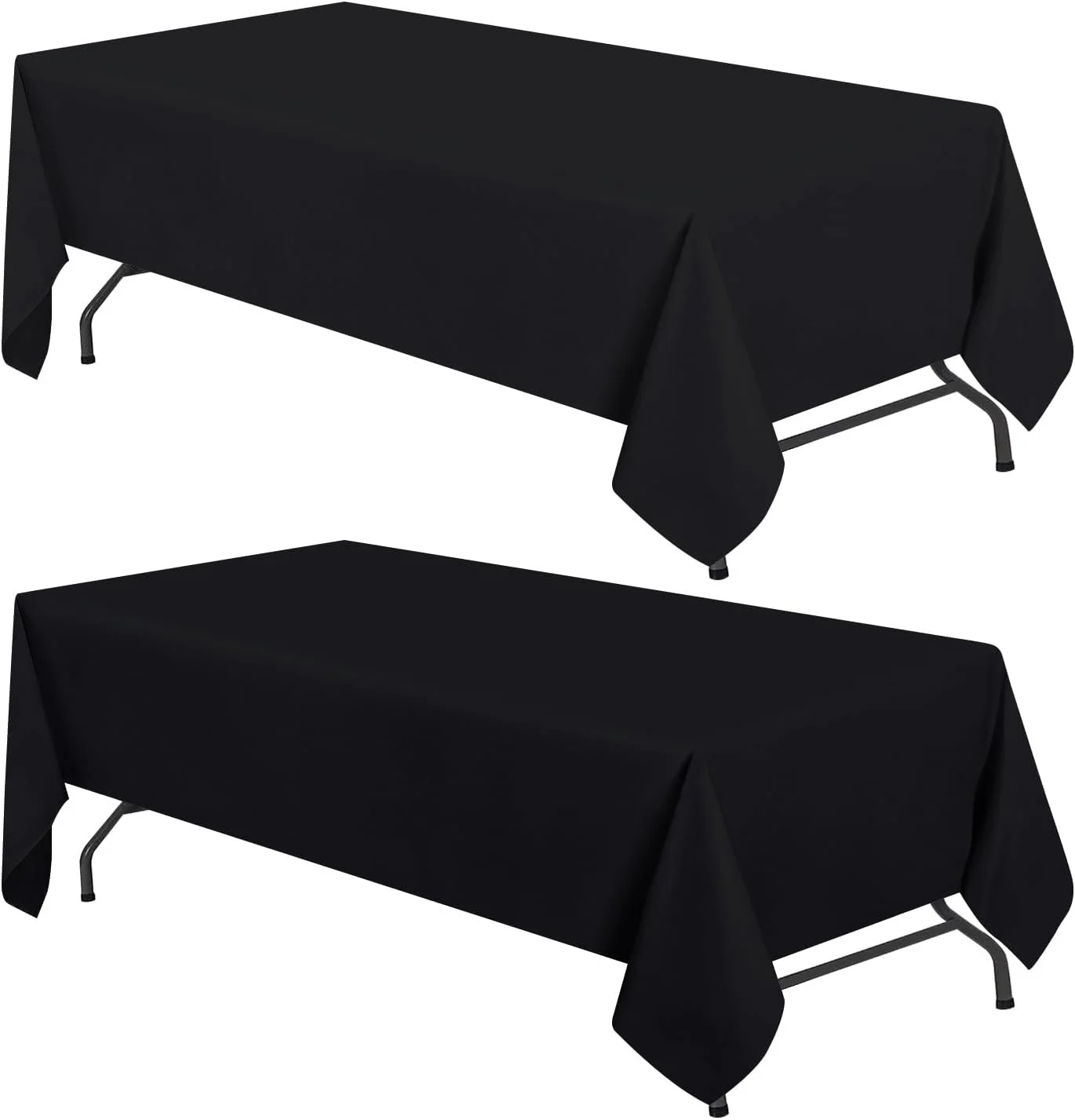 Two black banquet tables with black tablecloths, arranged one above the other, with metal legs visible at the ends.