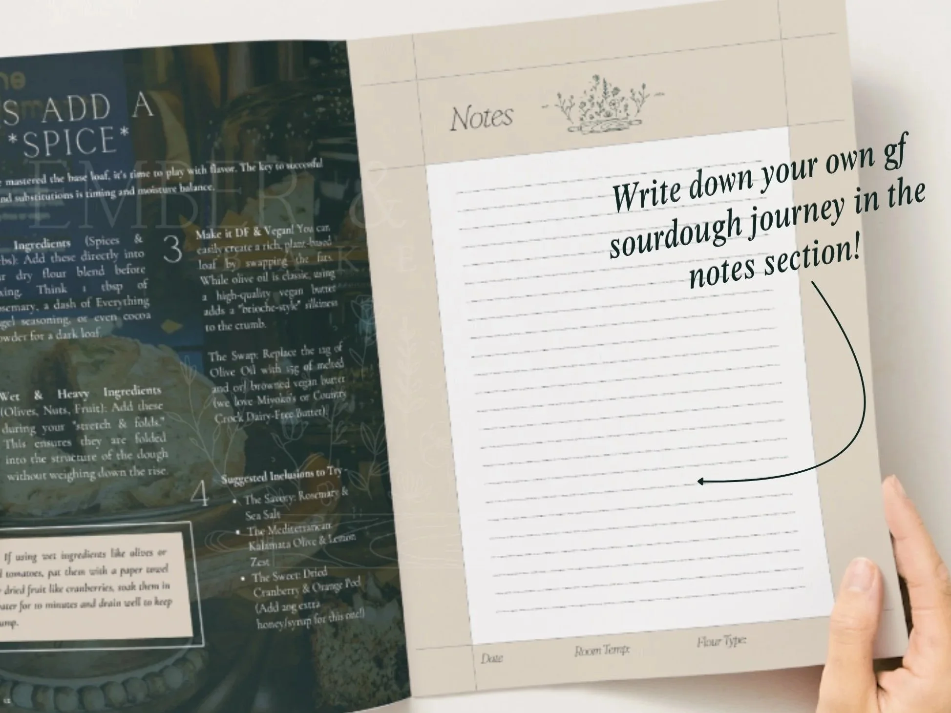 A page detailing how to add rosemary, olives, or fruit to dough, paired with a lined "Notes" page for recording dates, room temps, and flour types.