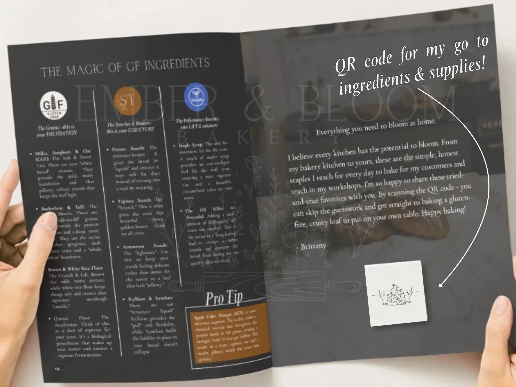 A deep-dive into GF grains, starches, and performance boosters with a call-to-action to scan a QR code for curated baking staples.