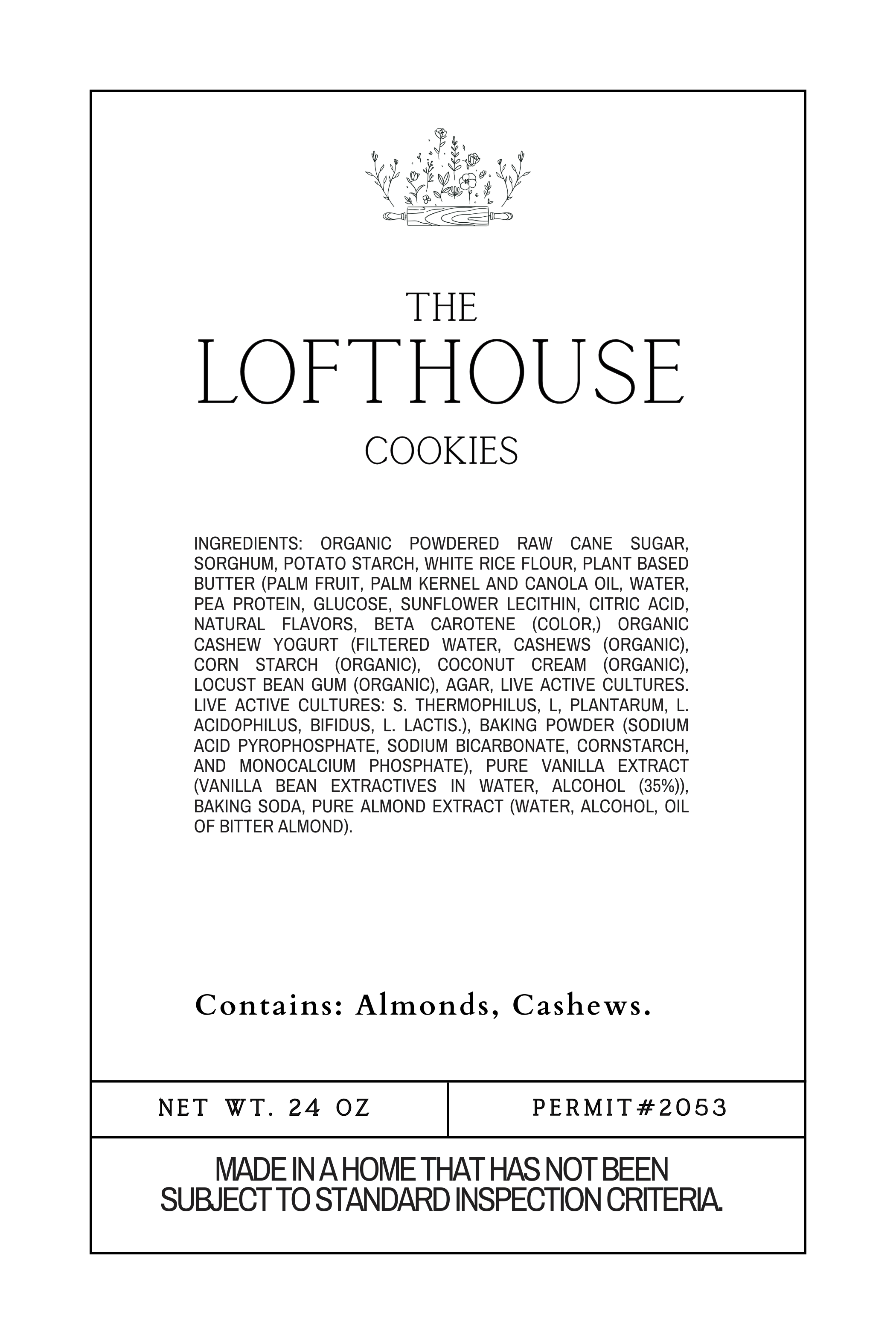 Custom black and white product label design for Ember & Bloom gluten-free cookies, featuring the Calgary typeface in a tiered hierarchy with a minimalist border.