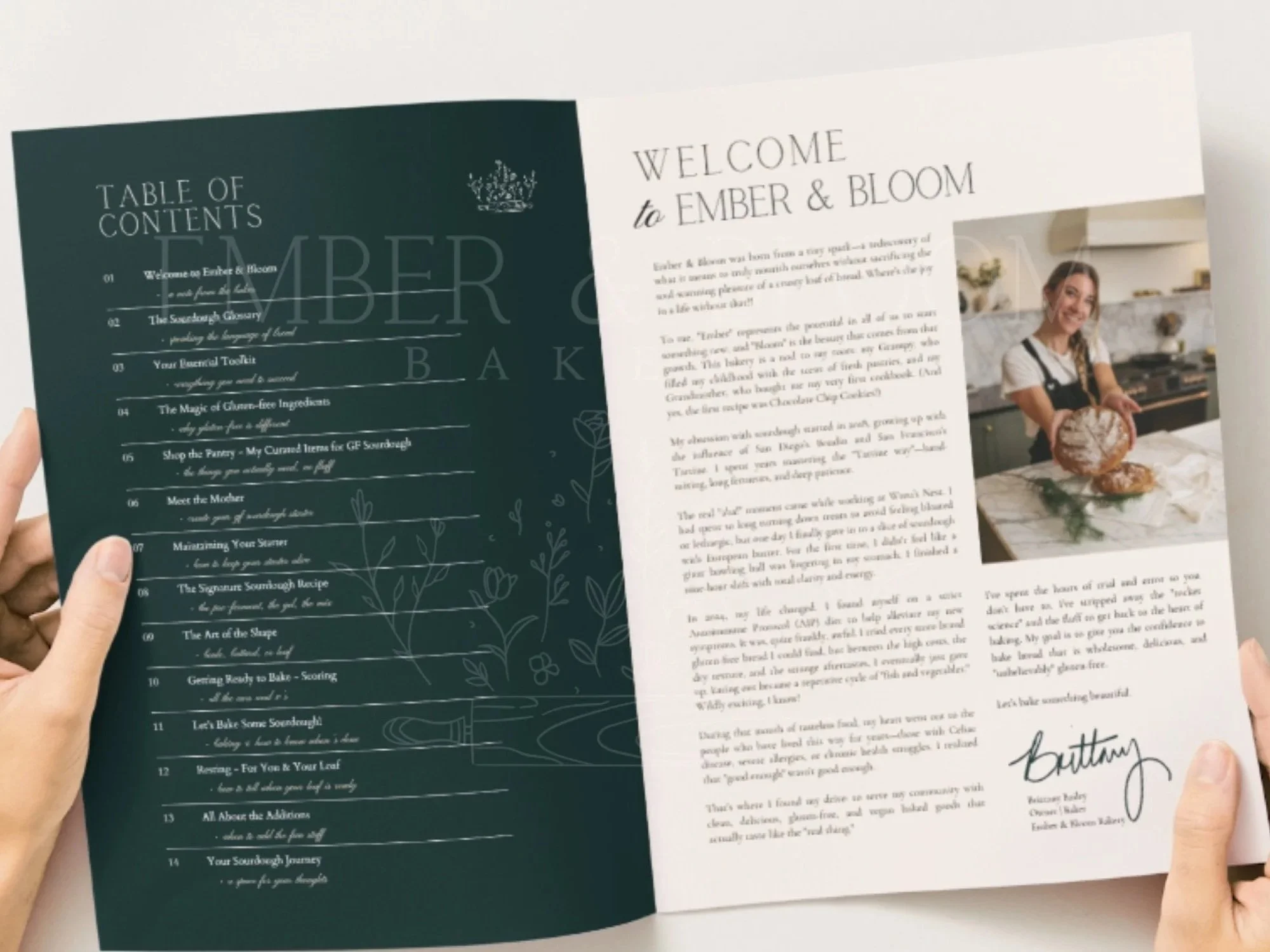An open view of the guide showing a 14-point table of contents and a personal welcome letter from Brittany Bailey, owner of Ember & Bloom Bakery.