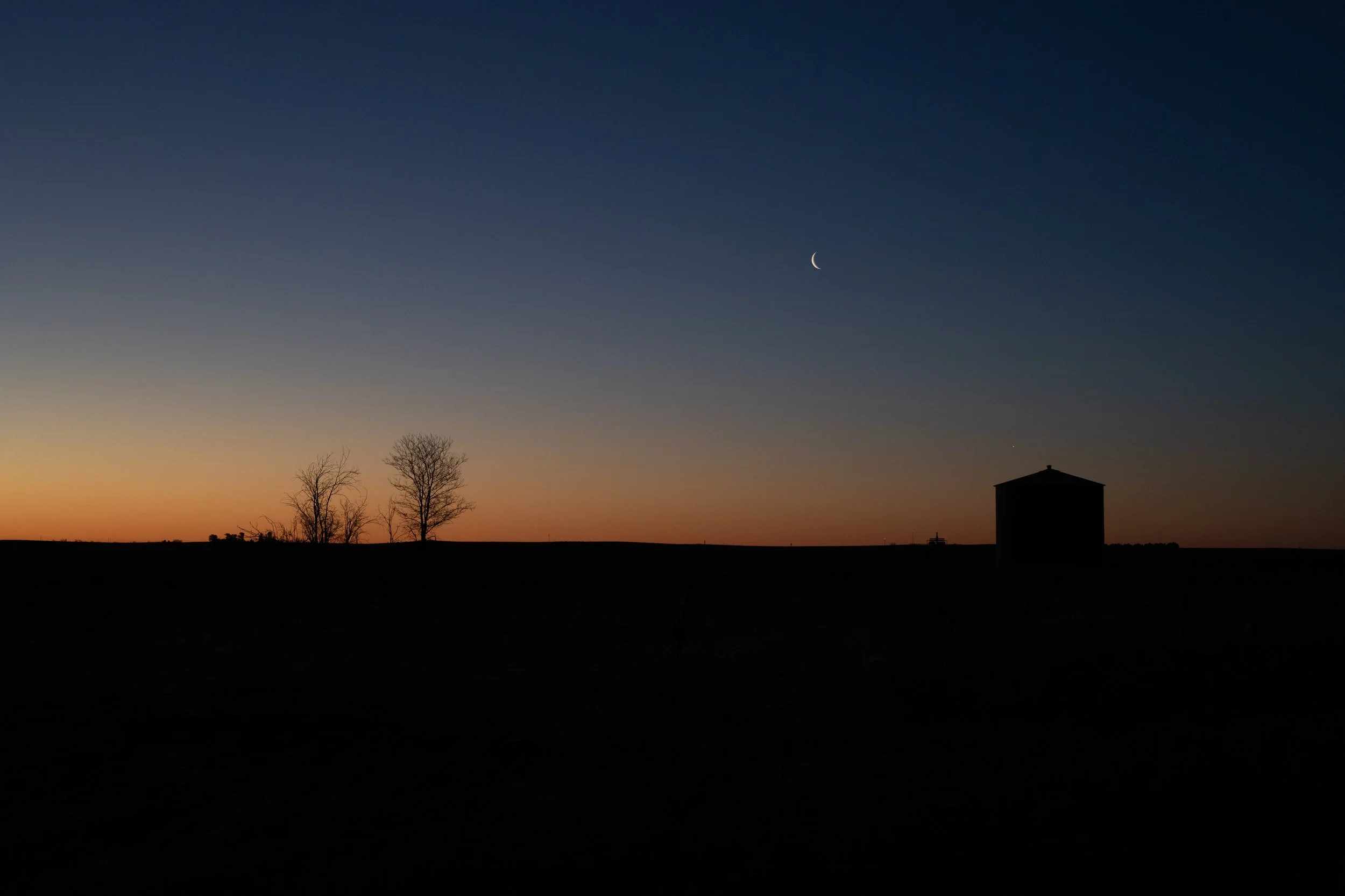 Prairie silhouette at twilight: two bare trees, a grain bin, and a crescent moon, Adams County, CO