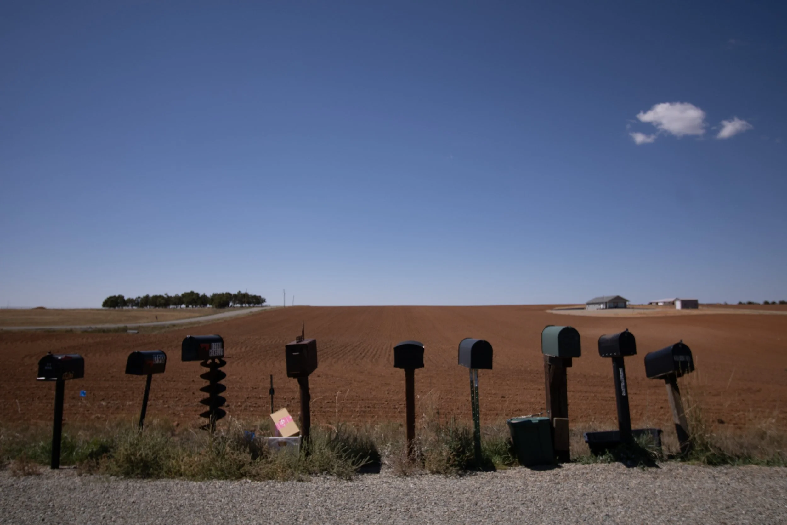 Nine mailboxes, red plowed field, one cloud, Montezuma County, CO