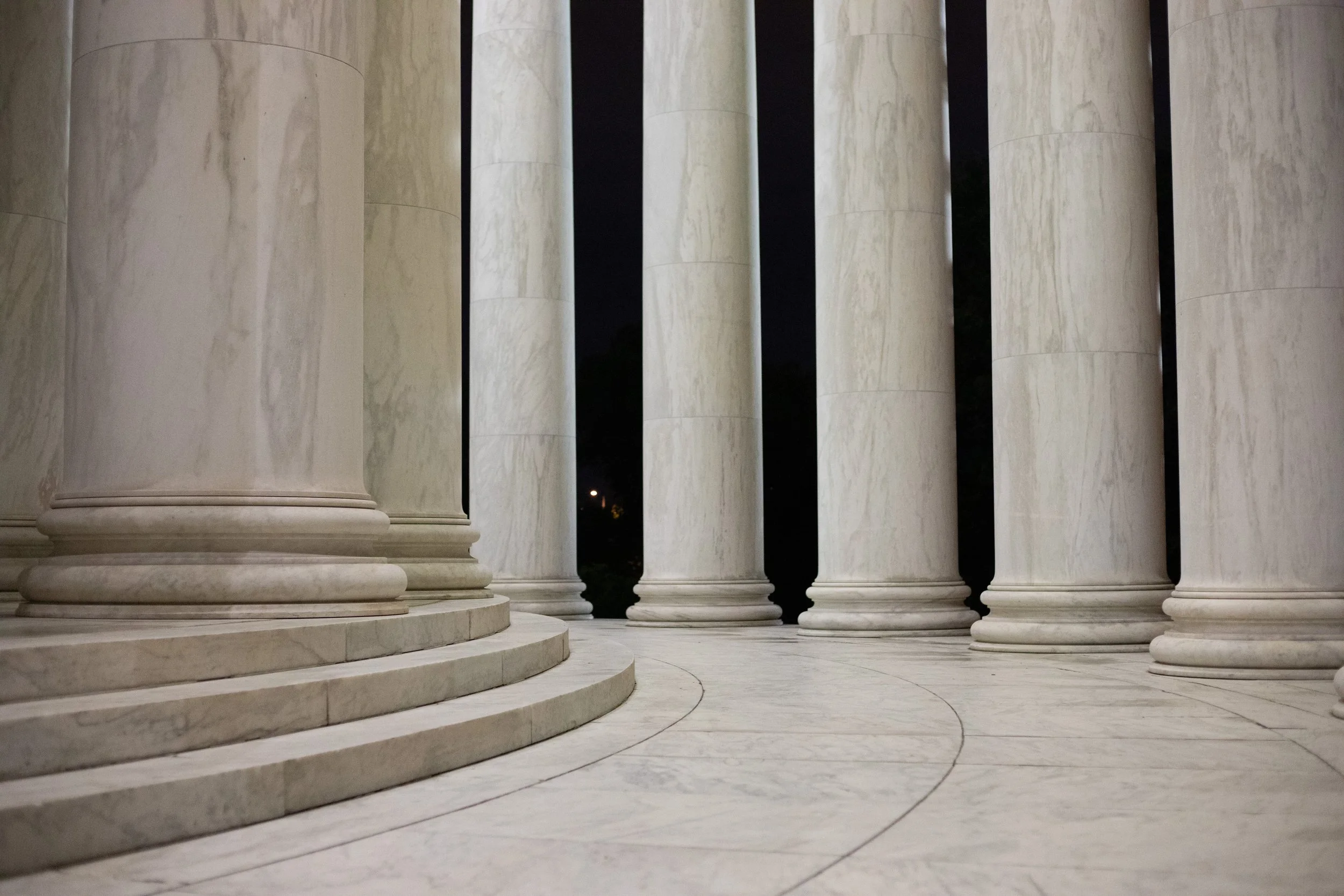 Marble columns of the Jefferson Memorial at night, Washington, D.C.