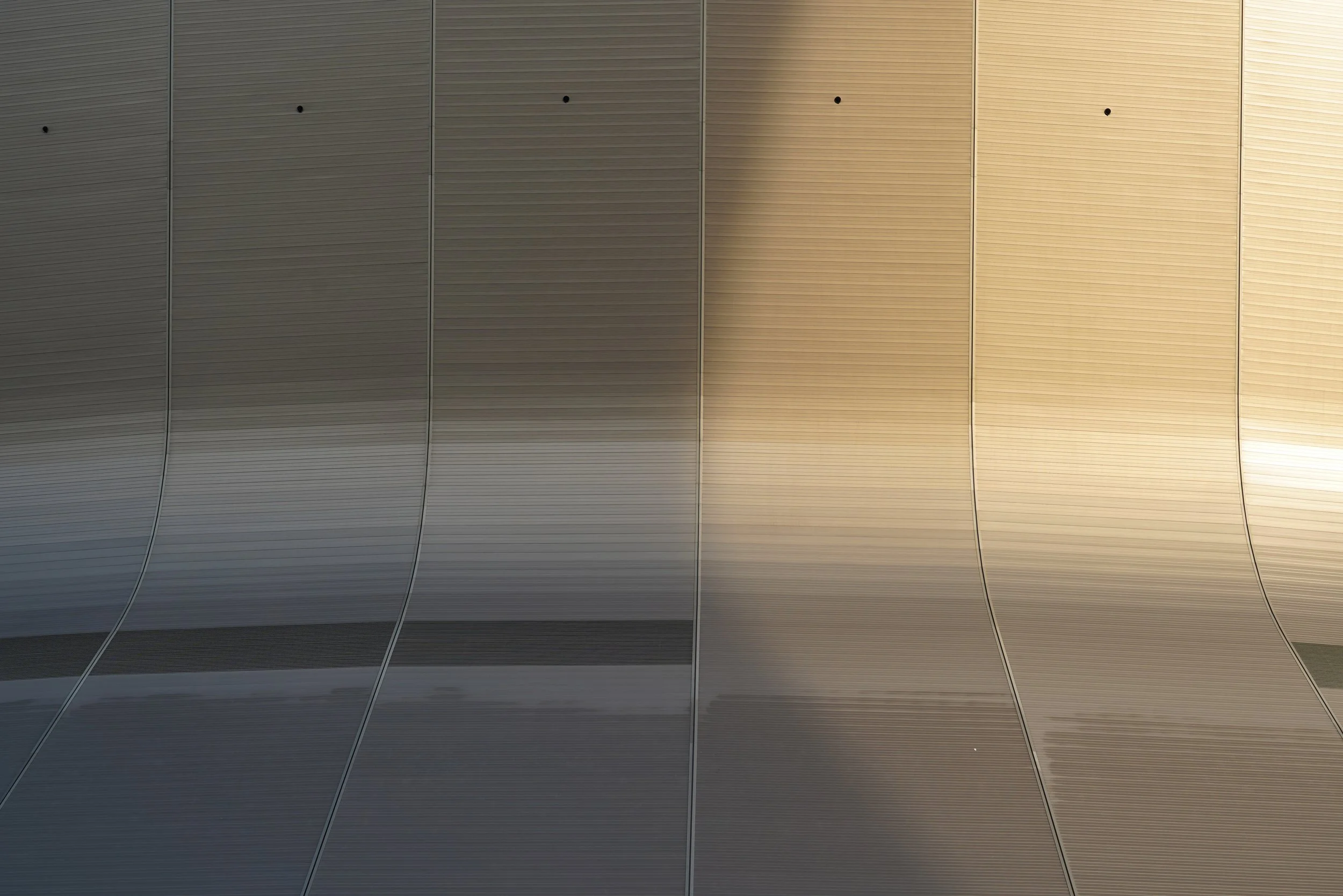 Brushed steel panels, curved facade, warm light, Caesars Superdome, New Orleans, LA