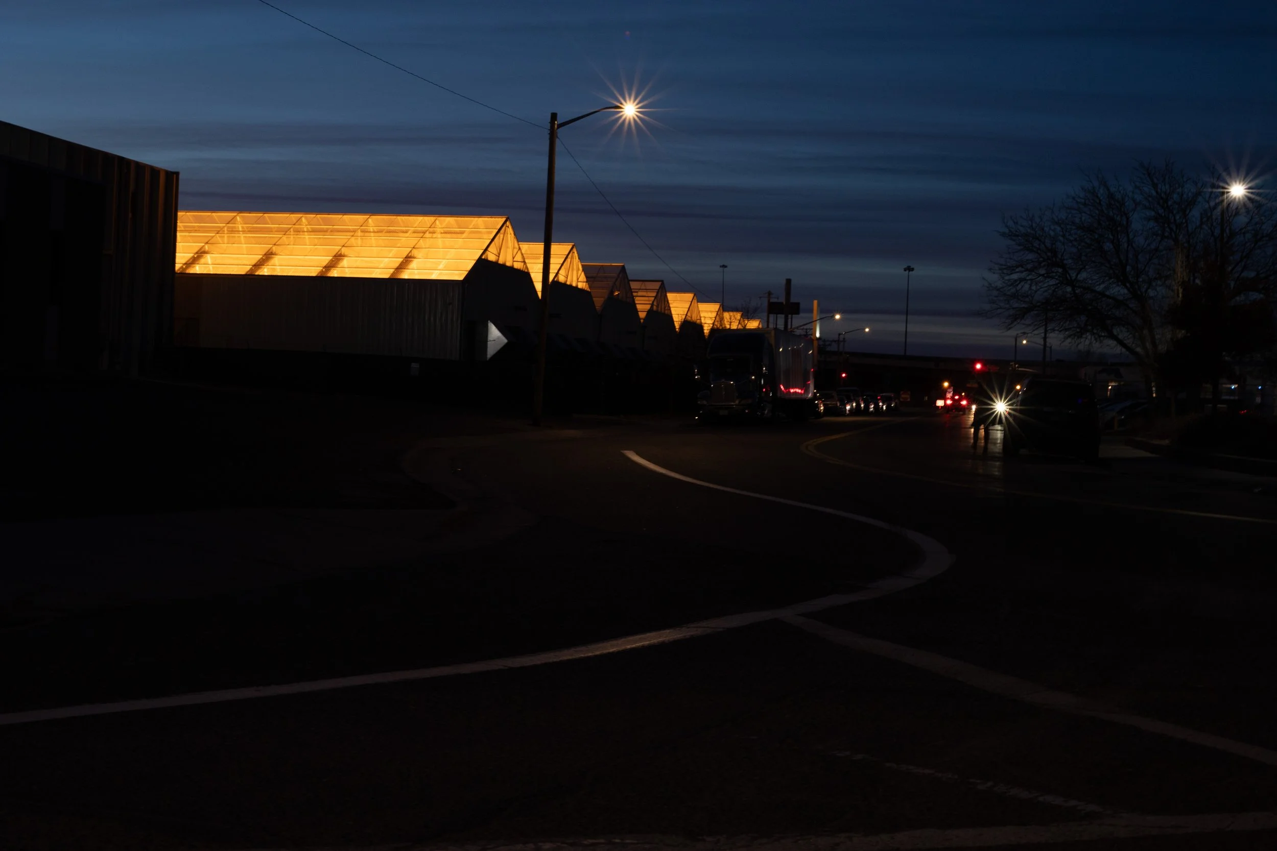 Commercial greenhouses at twilight, Denver, CO