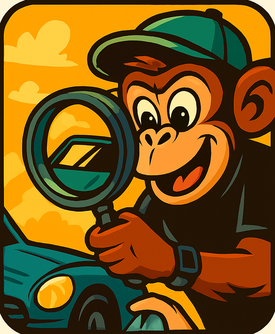 Cartoon monkey mechanic inspecting a car with a magnifying glass, representing mobile pre‑purchase vehicle inspections and buyer checks in Burton upon Trent.