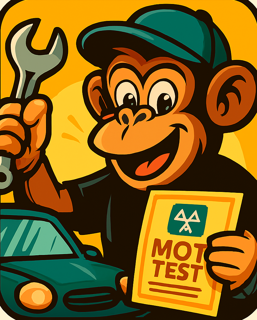 Cartoon monkey mechanic holding an MOT certificate and tools, promoting mobile MOT preparation, checks, and support services in Burton upon Trent.