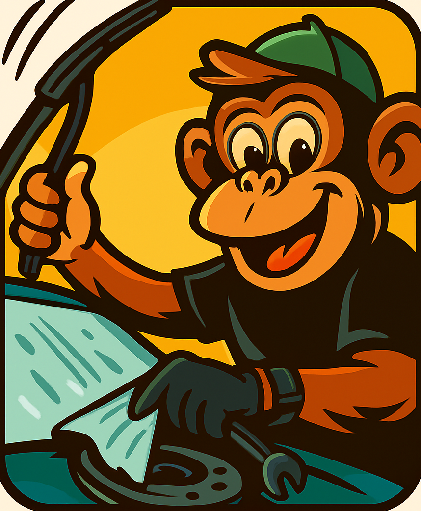 Cartoon monkey mechanic carrying out general vehicle maintenance, cleaning a windscreen and checking wipers, representing mobile car maintenance in Burton upon Trent.