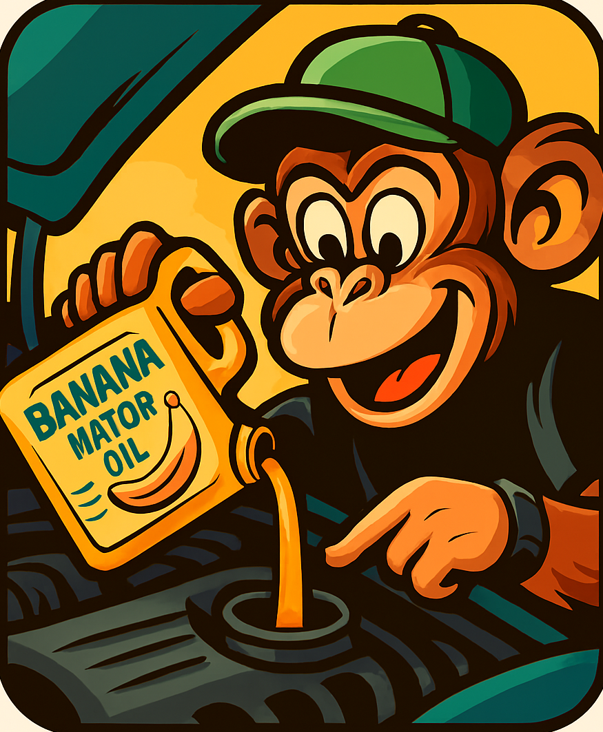 Cartoon monkey mechanic pouring fresh engine oil into a car during a mobile service, symbolising oil changes and vehicle servicing in Burton upon Trent.