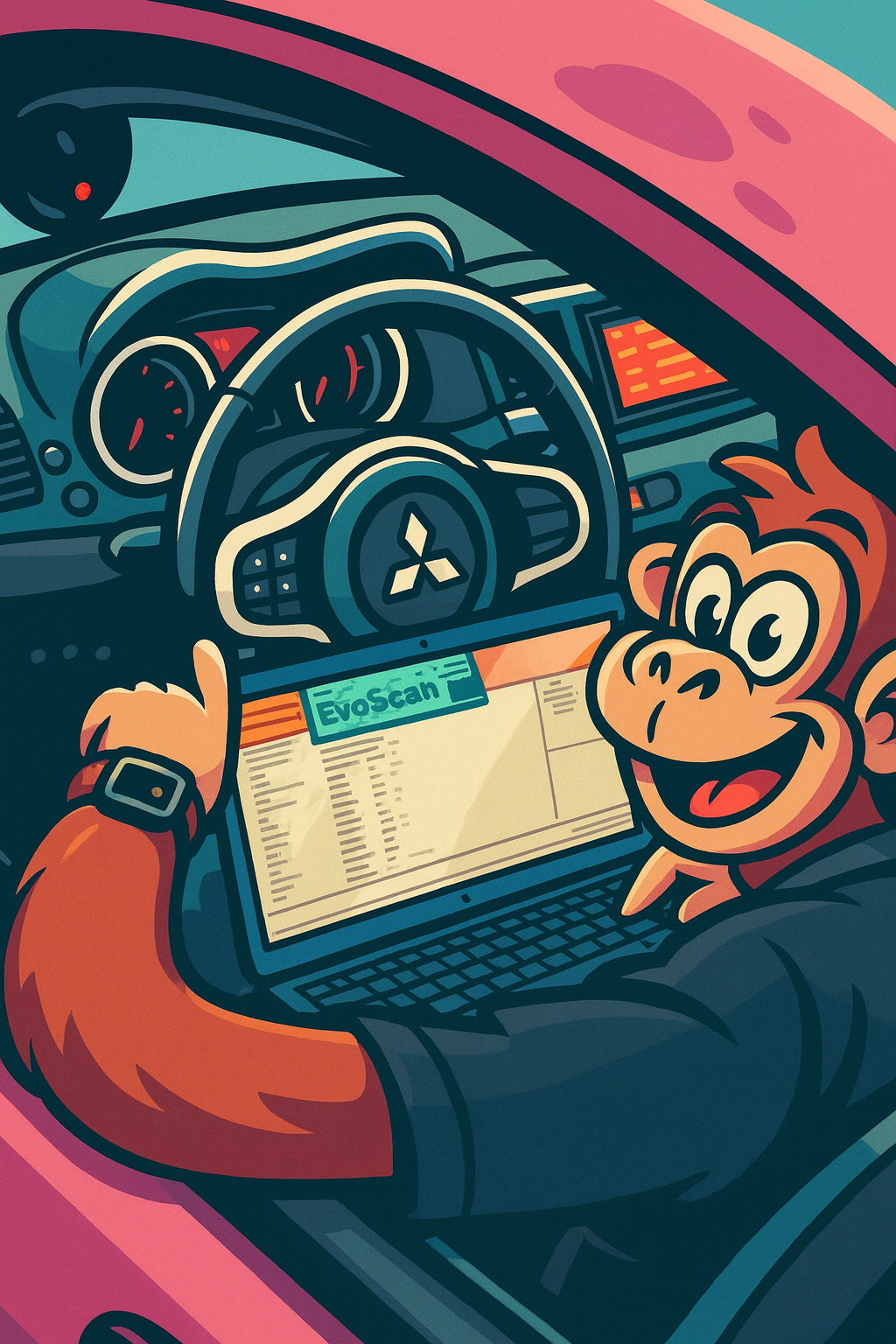 Cartoon monkey mechanic running car diagnostics on a laptop inside a vehicle, representing mobile diagnostic fault‑finding services in Burton upon Trent.