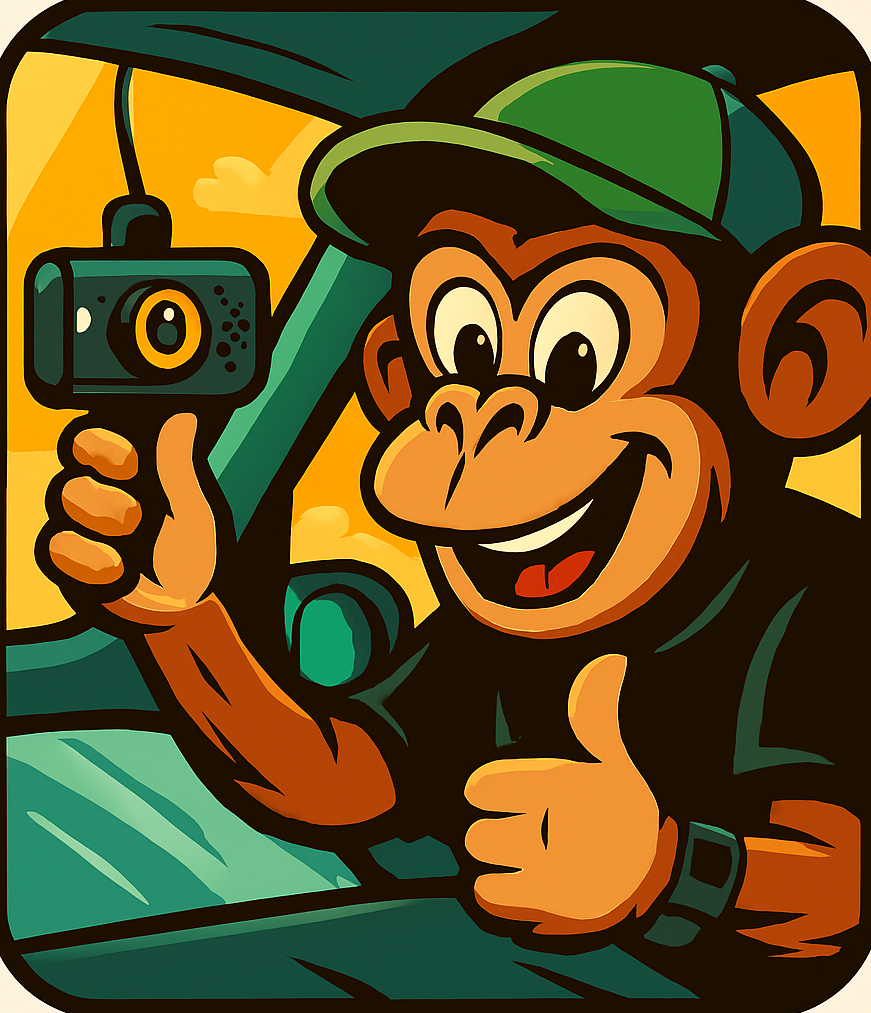 Cartoon monkey mechanic installing a dashcam inside a car, representing mobile accessory installation such as dashcams, sensors, and tech upgrades in Burton upon Trent.