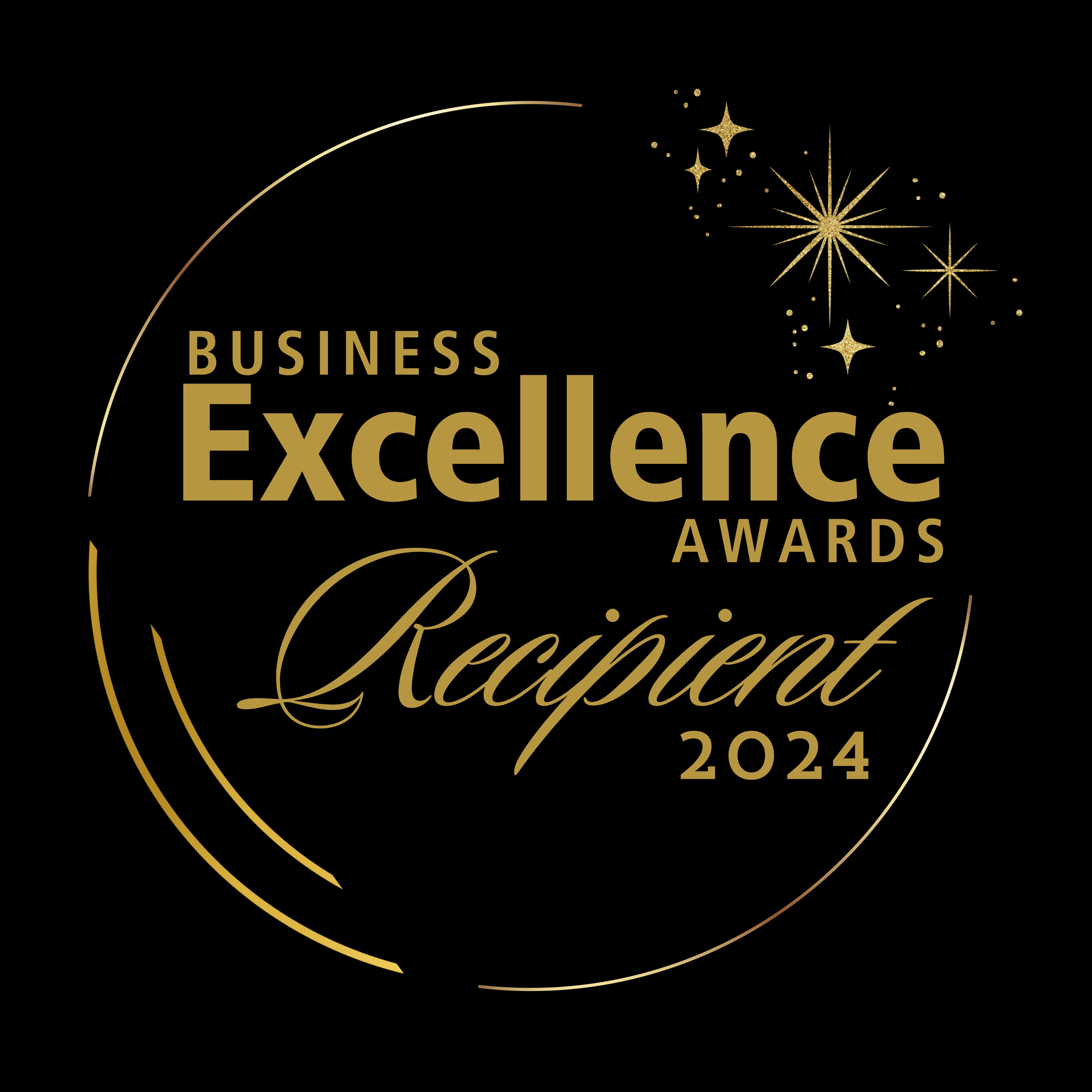 Gold and black circular emblem for the '2024 Business Excellence Awards Recipient,' featuring decorative stars and swirling lines.