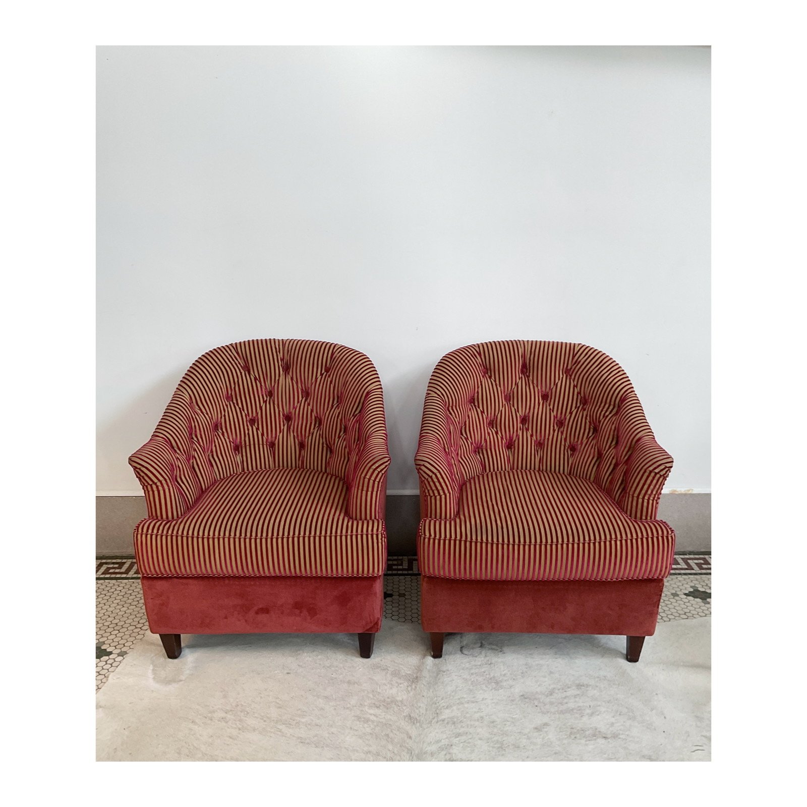 Red Damask Striped Club Chairs, Pair