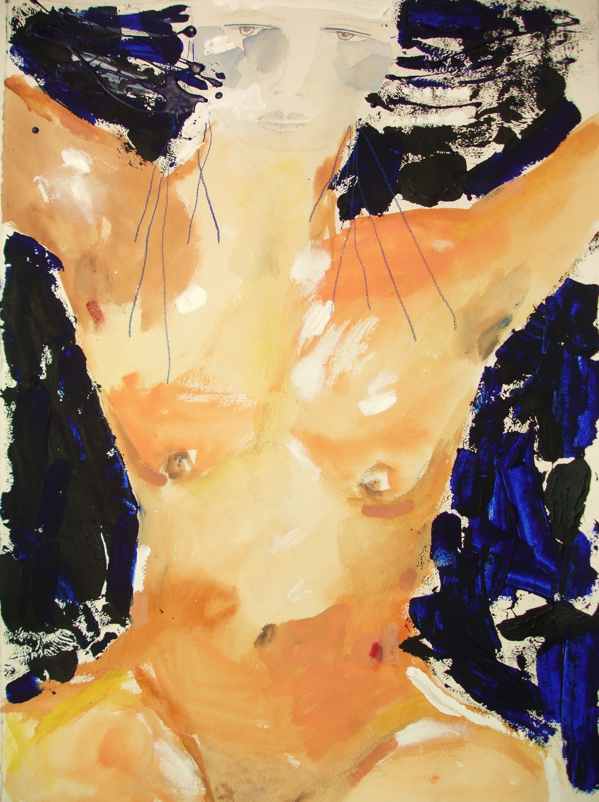 woman streaming blue 30"x22", MM on paper