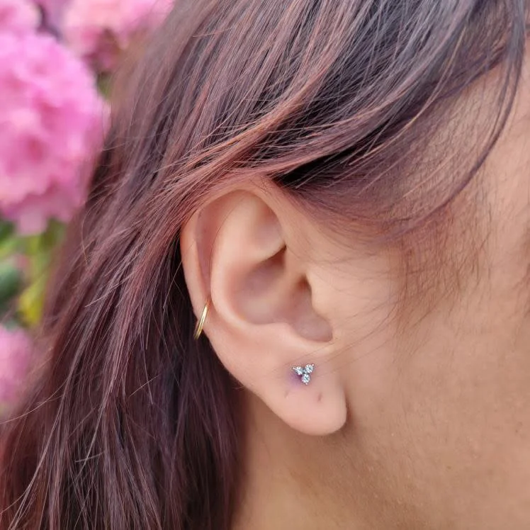 Close-up of a person's ear wearing a small gold hoop earring and a butterfly-shaped stud earring with three clear gemstones, with pink flowers in the background.