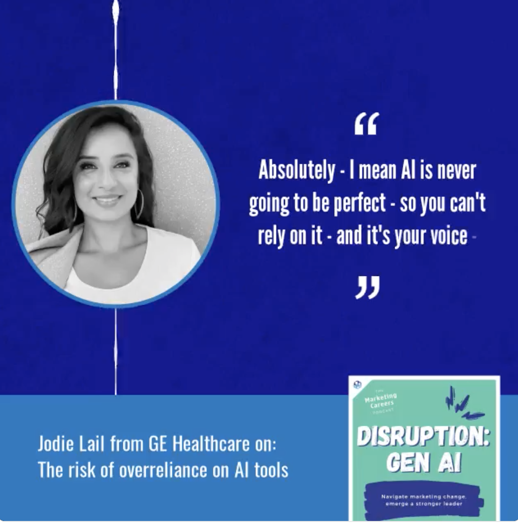 Jodie Lail on Marketing Careers podcast discussing her career from microbiology, to healthcare marketing, and how artificial intelligence helps her job.